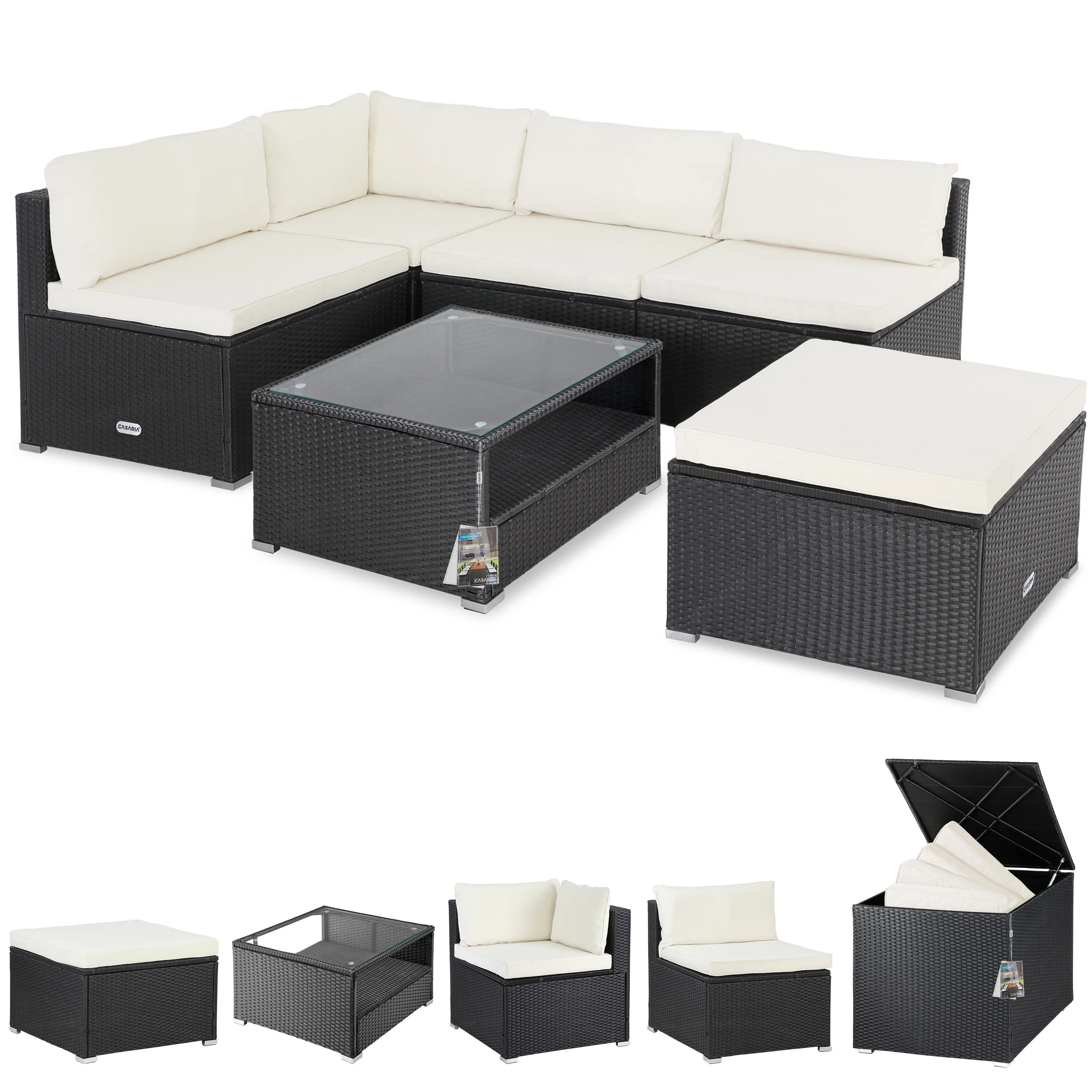 Polyrattan Ecklounge Schwarz/Creme mit Polyrattan Auflagenbox Schwarz Polyrattan Ecklounge Schwarz/Creme mit Polyrattan Auflagenbox Schwarz