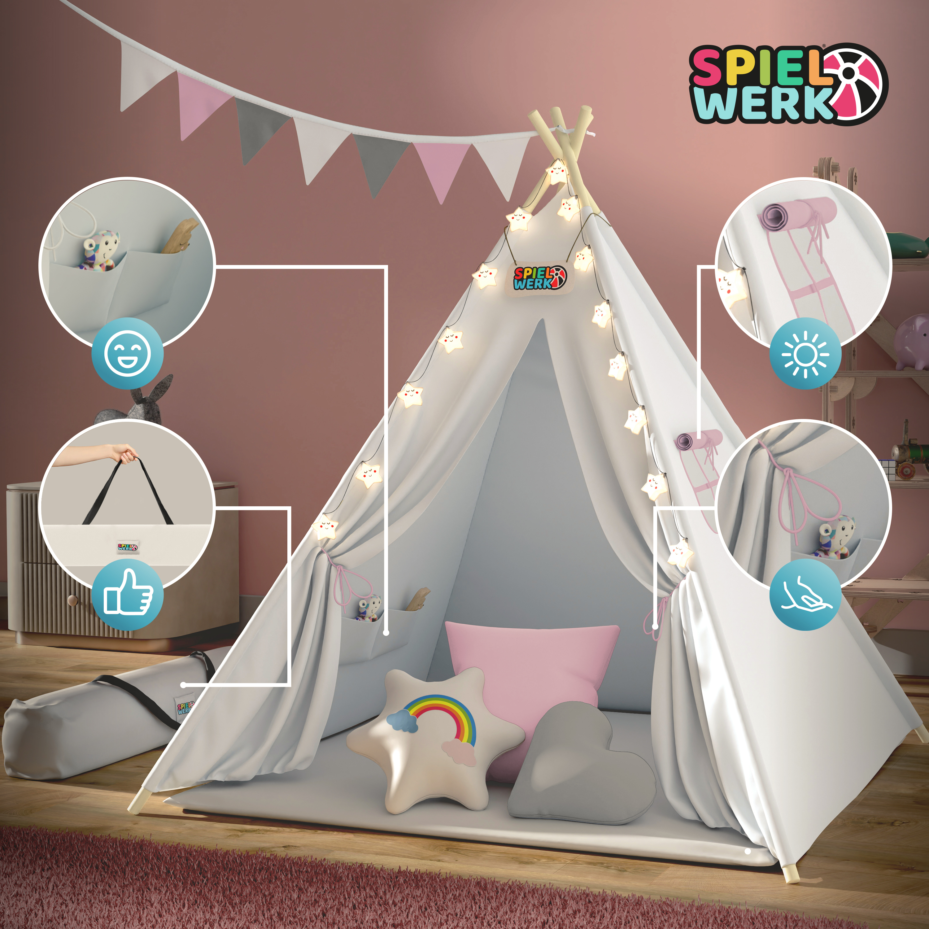 Tipi Spielzelt Rosa 160x130x130cm – Bild 2