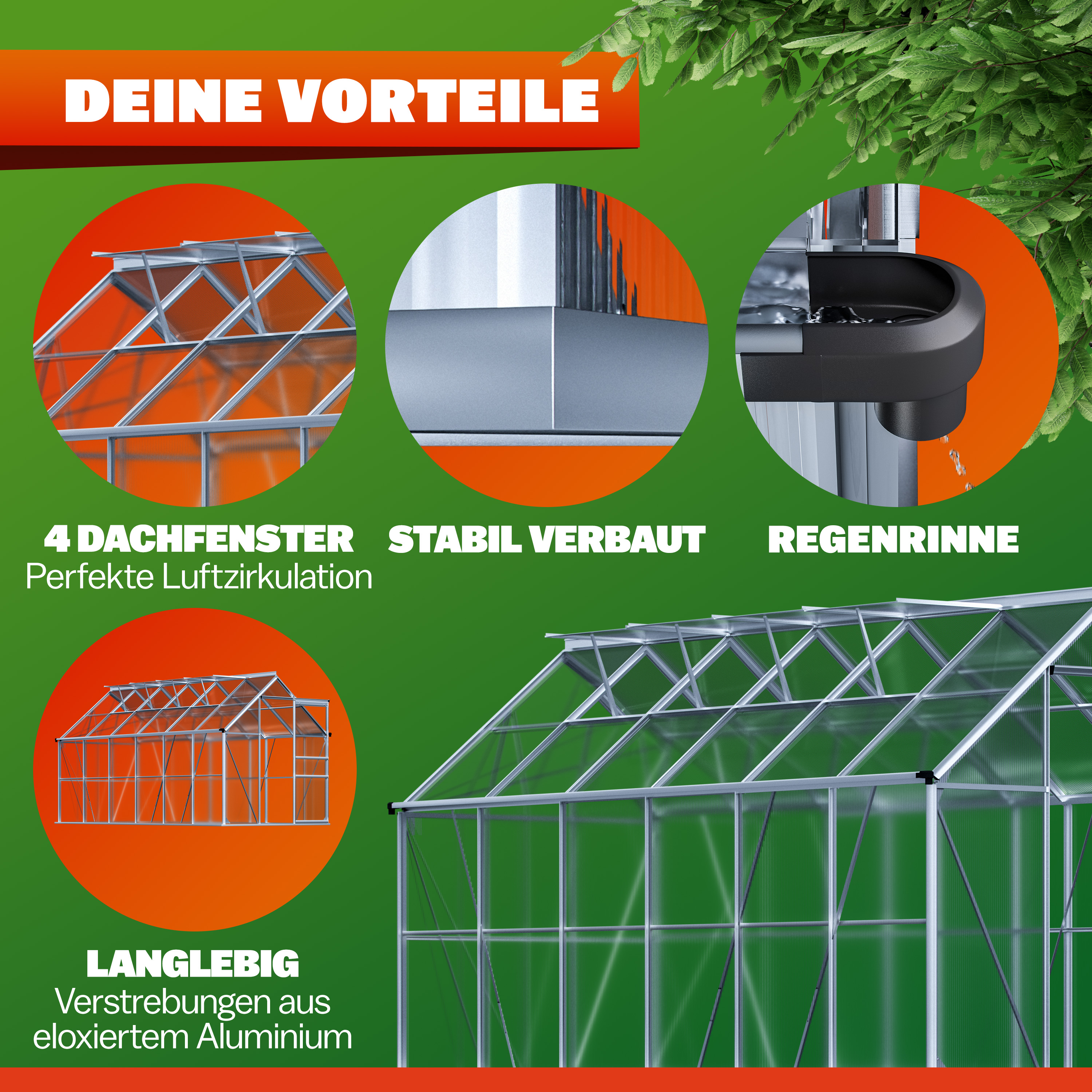 Alu Gewächshaus 380x190x195cm 4 Dachfenster – Bild 2