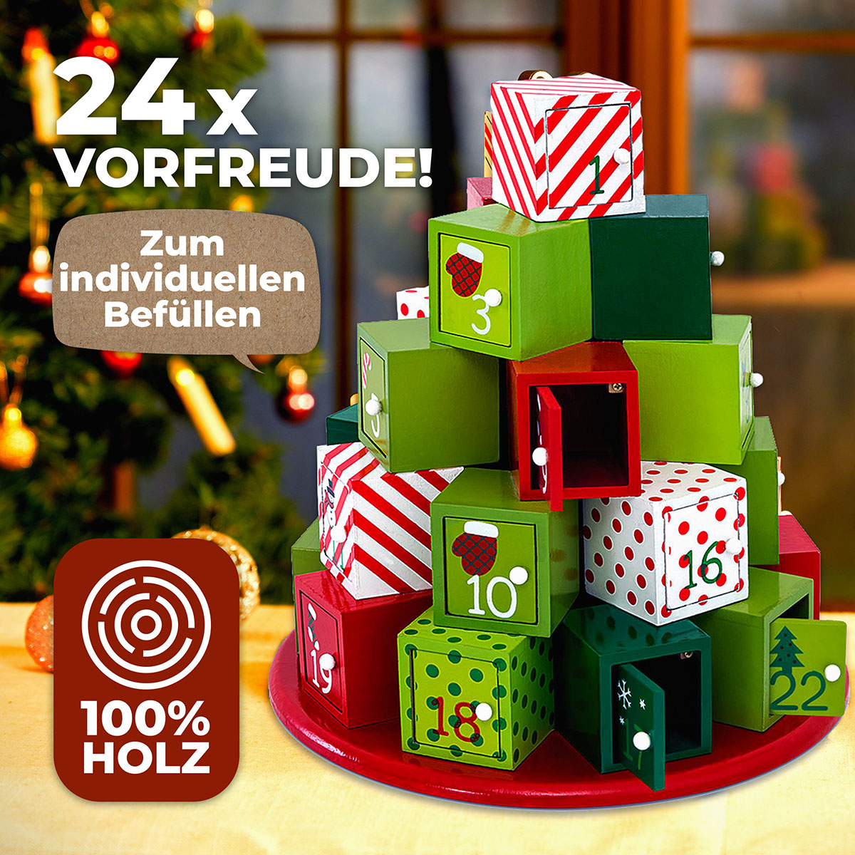 Adventskalender Geschenkpyramide Holz rund – Bild 2