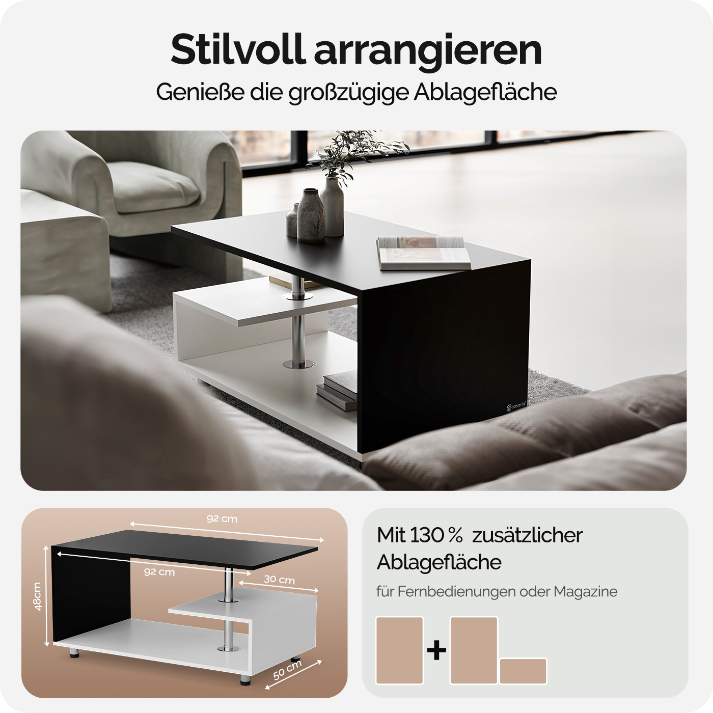 Couchtisch Orlando Weiß/Schwarz 95x55x50cm – Bild 2