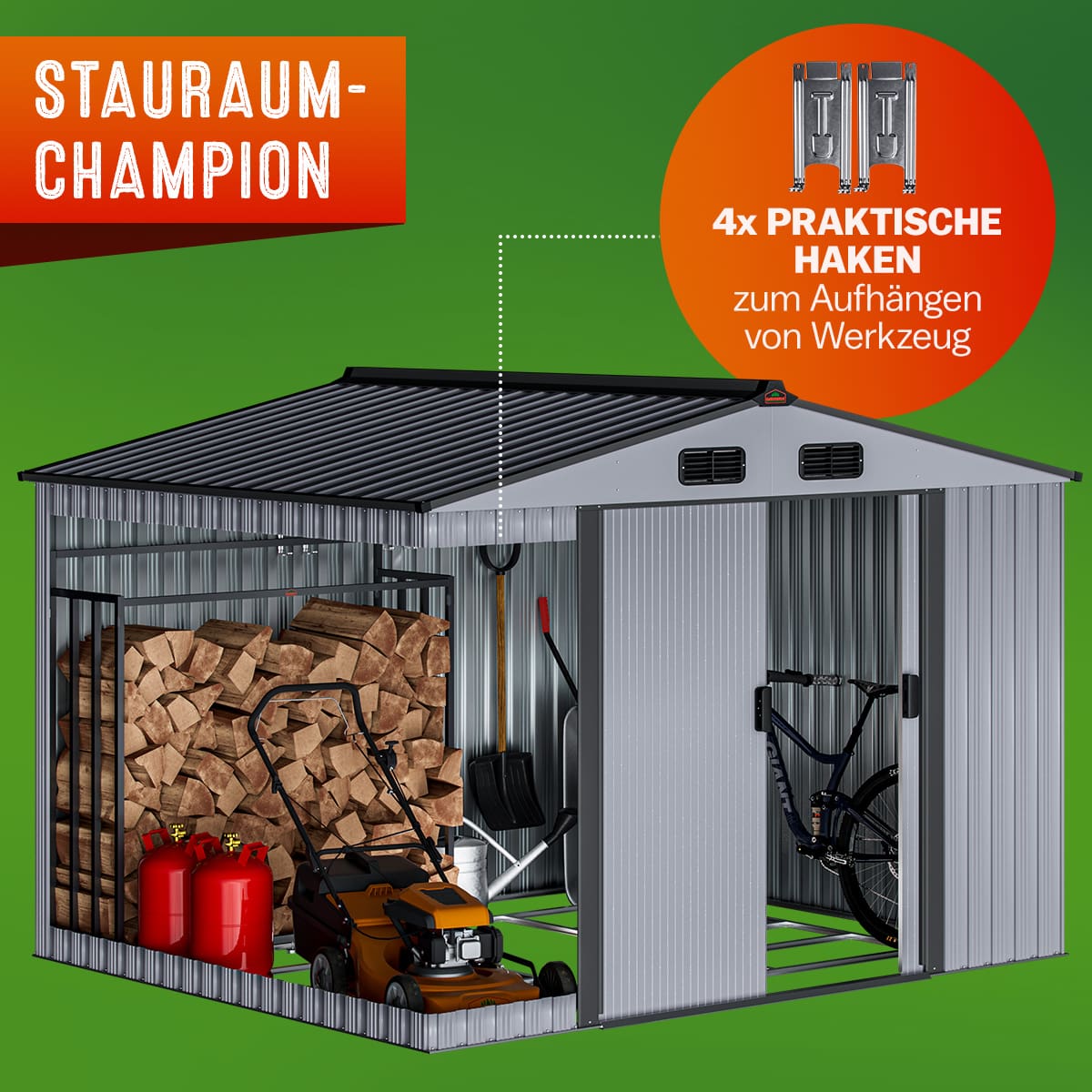Geräteschuppen Grau-Metallic 260x205x180 verzinkt wetterfest mit Fundament und Haken – Bild 2