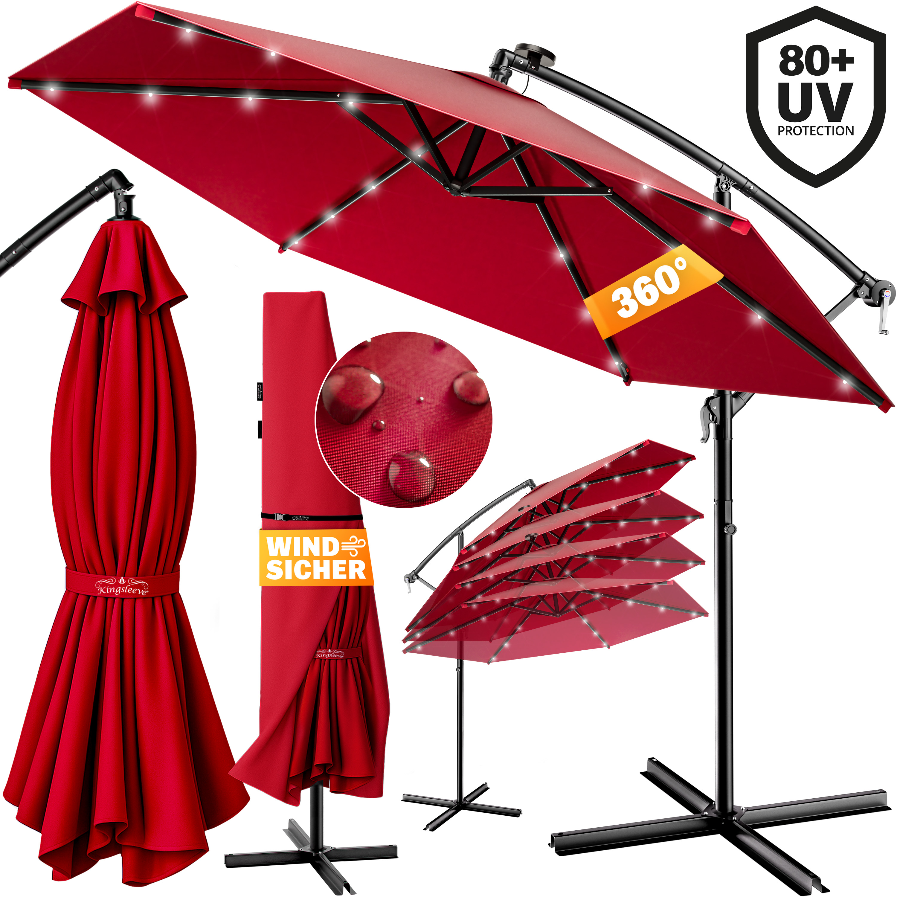 LED Solar Ampelschirm Haiti Rot Ø307cm mit UV-Schutz 80+ & Schutzhülle – Bild 2