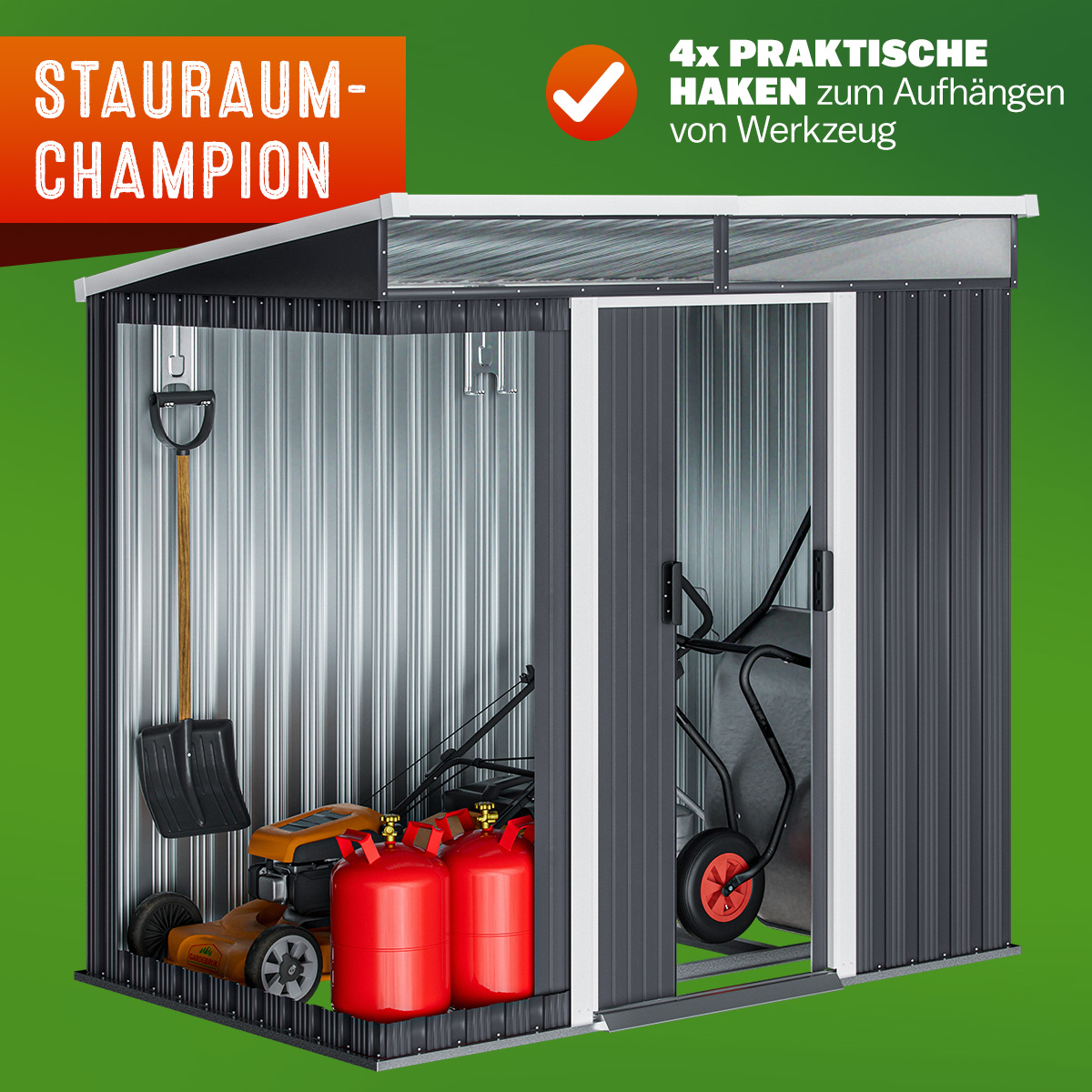 Geräteschuppen Anthrazit 200x125x180cm Schiebetür 2 Fenster 4 Haken – Bild 2