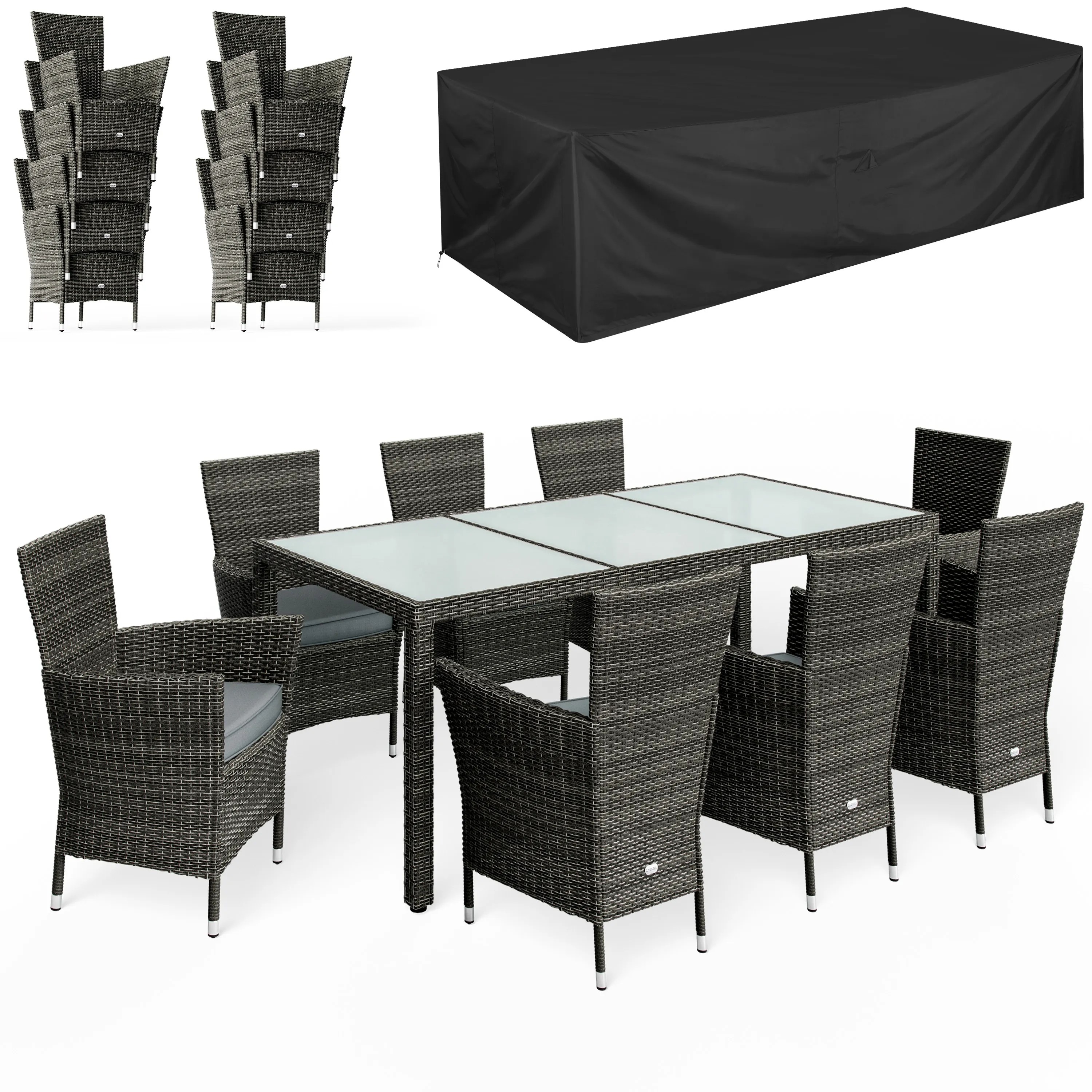 Polyrattan Garten-Sitzgruppe Bali 9-tlg Grau mit Abdeckung Polyrattan Garten-Sitzgruppe Bali 9-tlg Grau mit Abdeckung