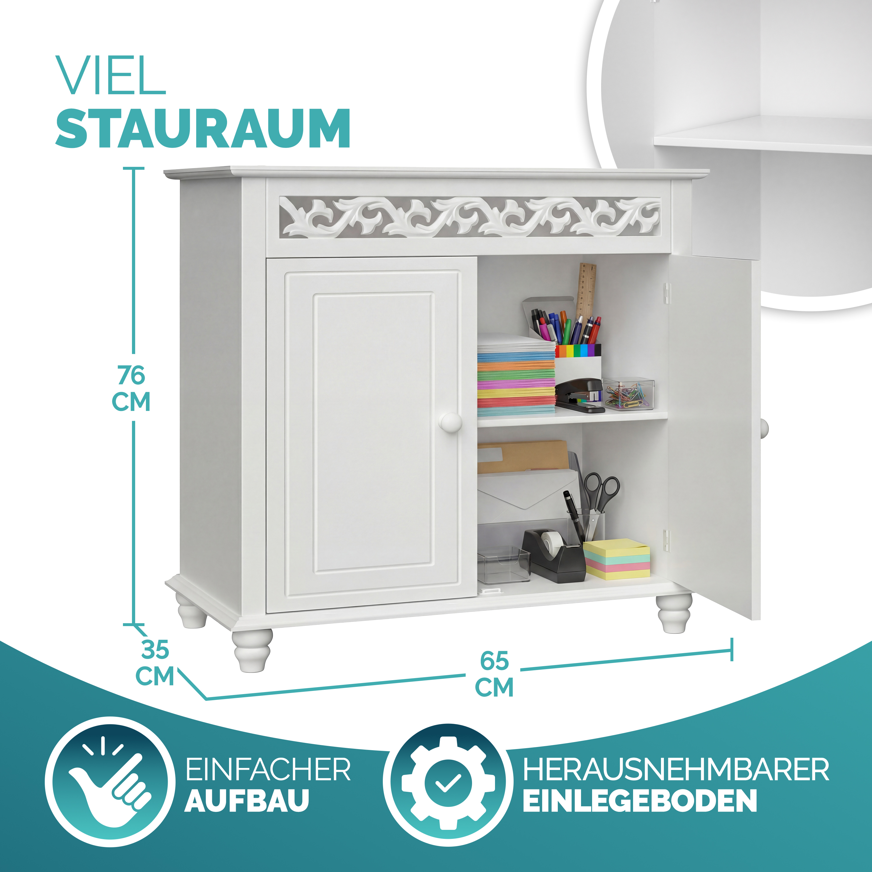 Kommode Schlafzimmer Landhaus Weiß mit Einlegeboden 2 Türen 76x65x35cm – Bild 2