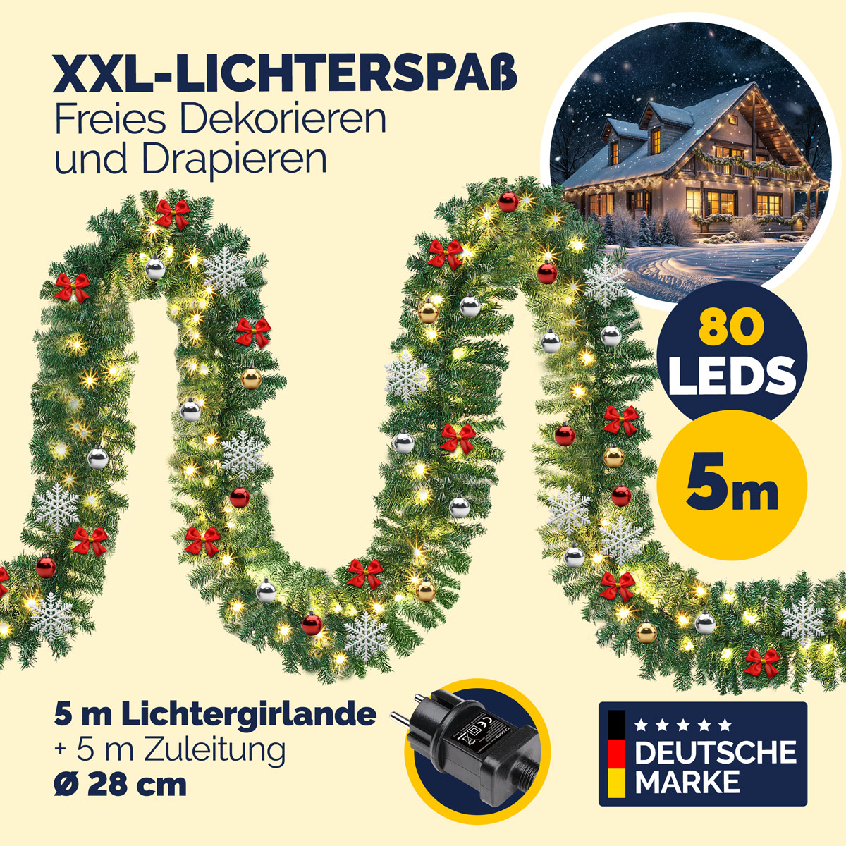 Weihnachtsgirlande 5m geschmückt inkl Fernbedienung – Bild 2