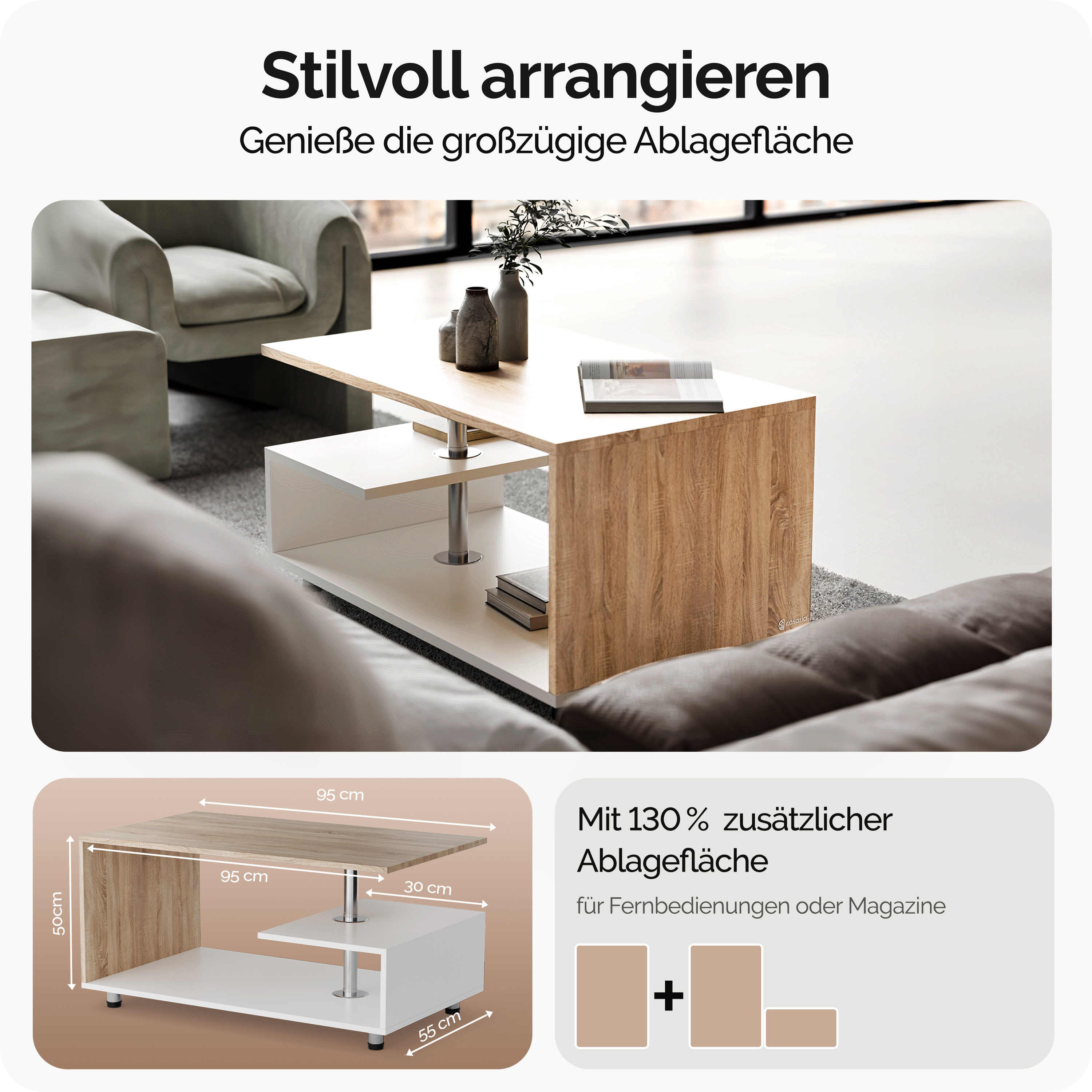 Couchtisch Orlando Weiß/Eiche 95x55x50cm – Bild 2