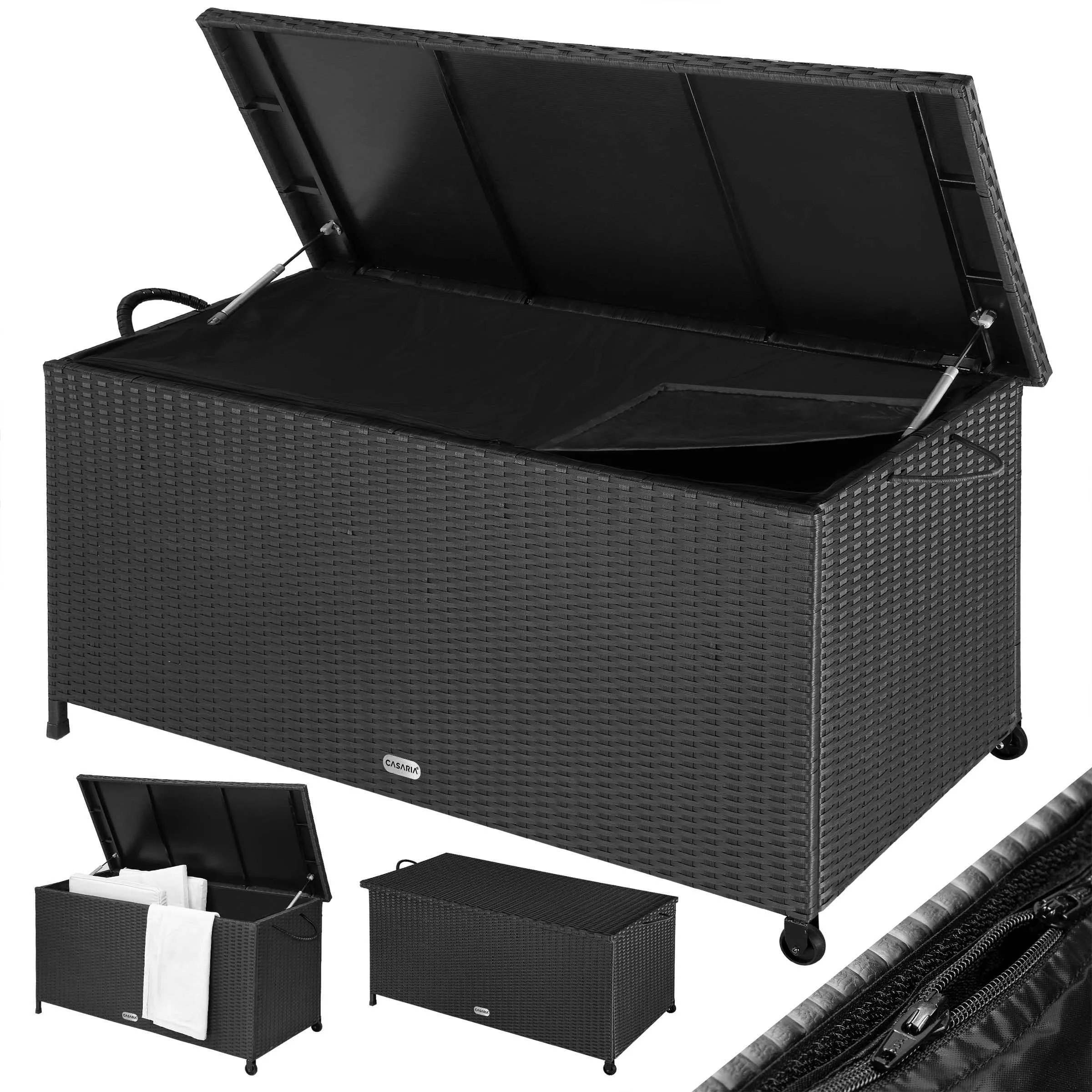 Gartenbox Polyrattan Schwarz 117x53x60cm mit Griffen & Rollen Gartenbox Polyrattan Schwarz 117x53x60cm mit Griffen & Rollen