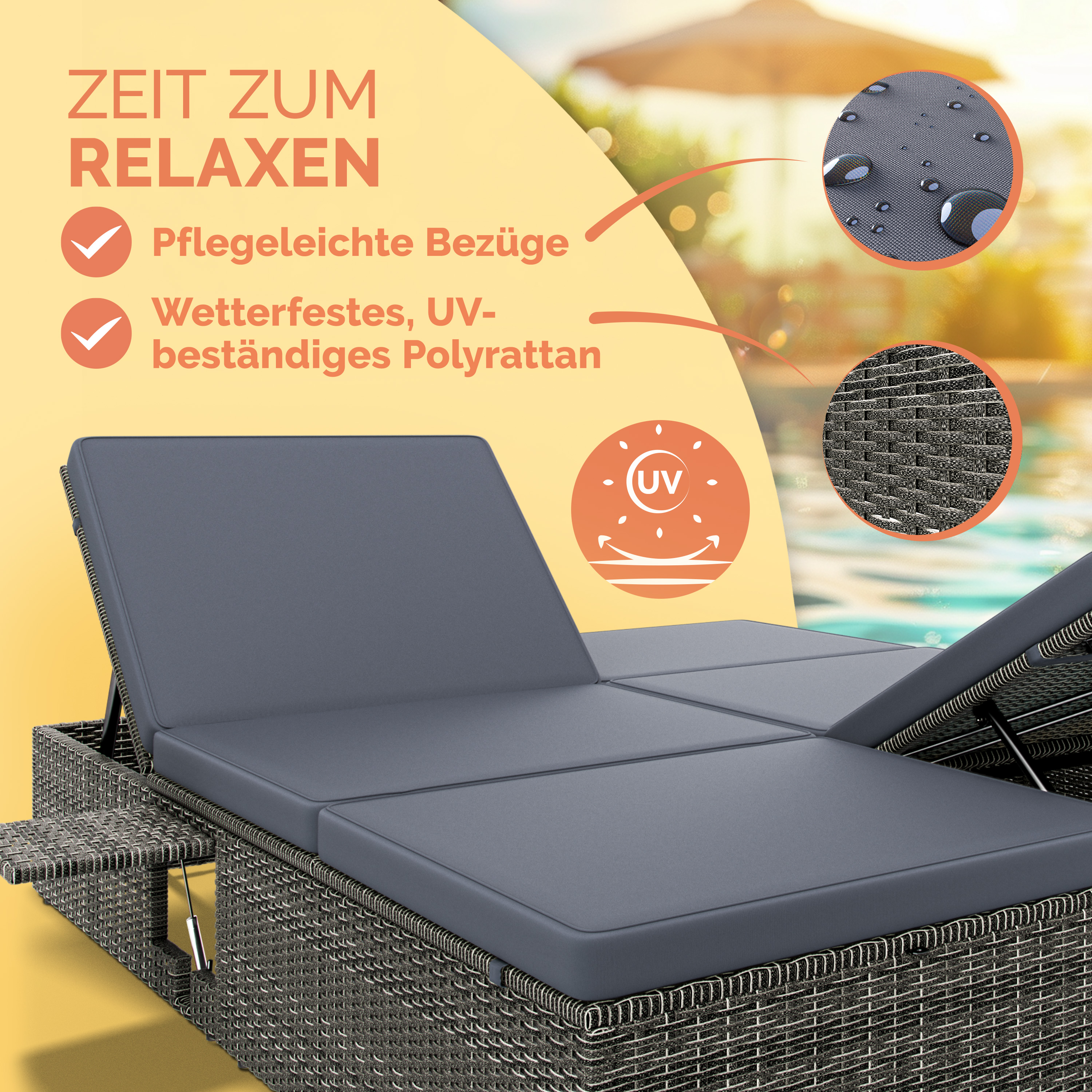 Polyrattan Sonnenliege Grau/Anthrazit 200x160x33cm – Bild 2