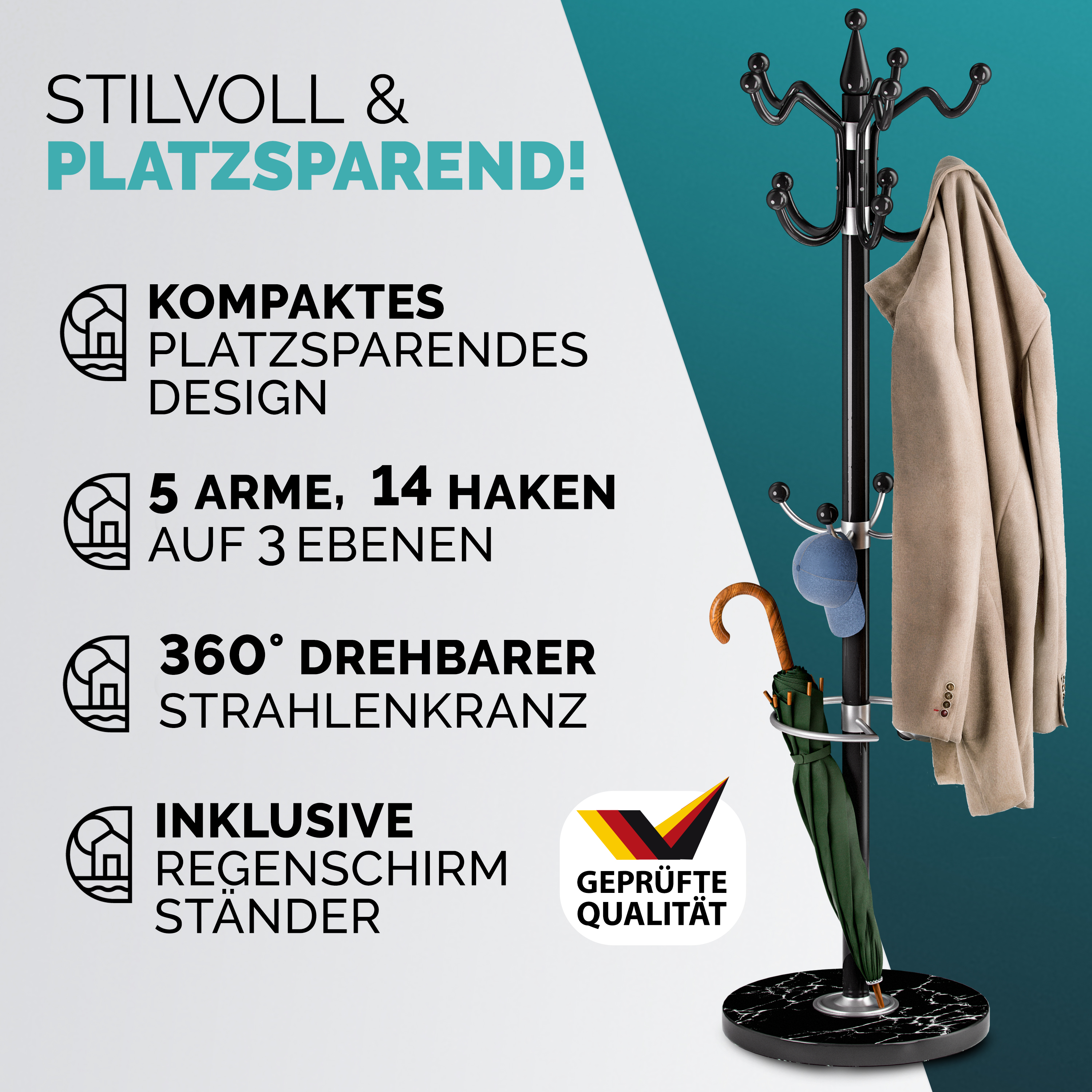 Kleiderständer Schwarz 173cm geschwungen – Bild 2