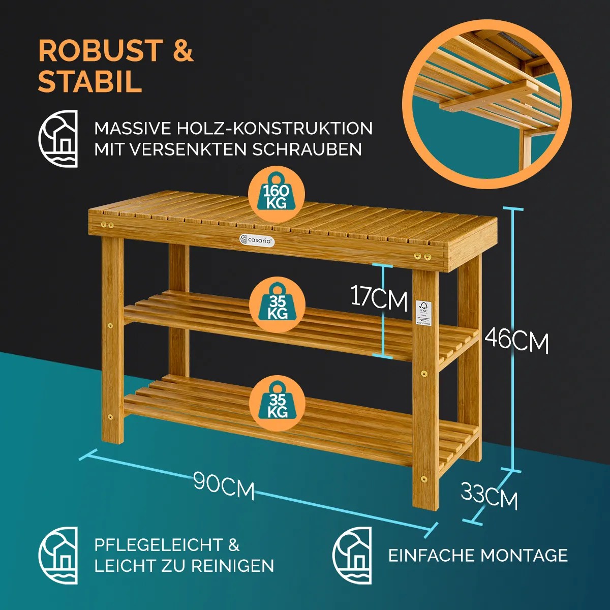 Schuhregal 2in1 Akazienholz FSC®-zertifiziert 90x33x46cm – Bild 2