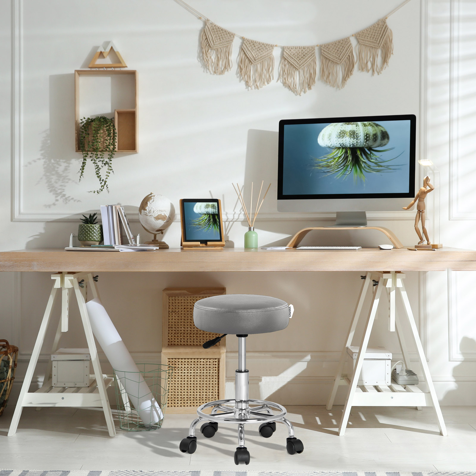 Rollhocker Kunstleder Grau 360° drehbar Fußablage – Bild 2