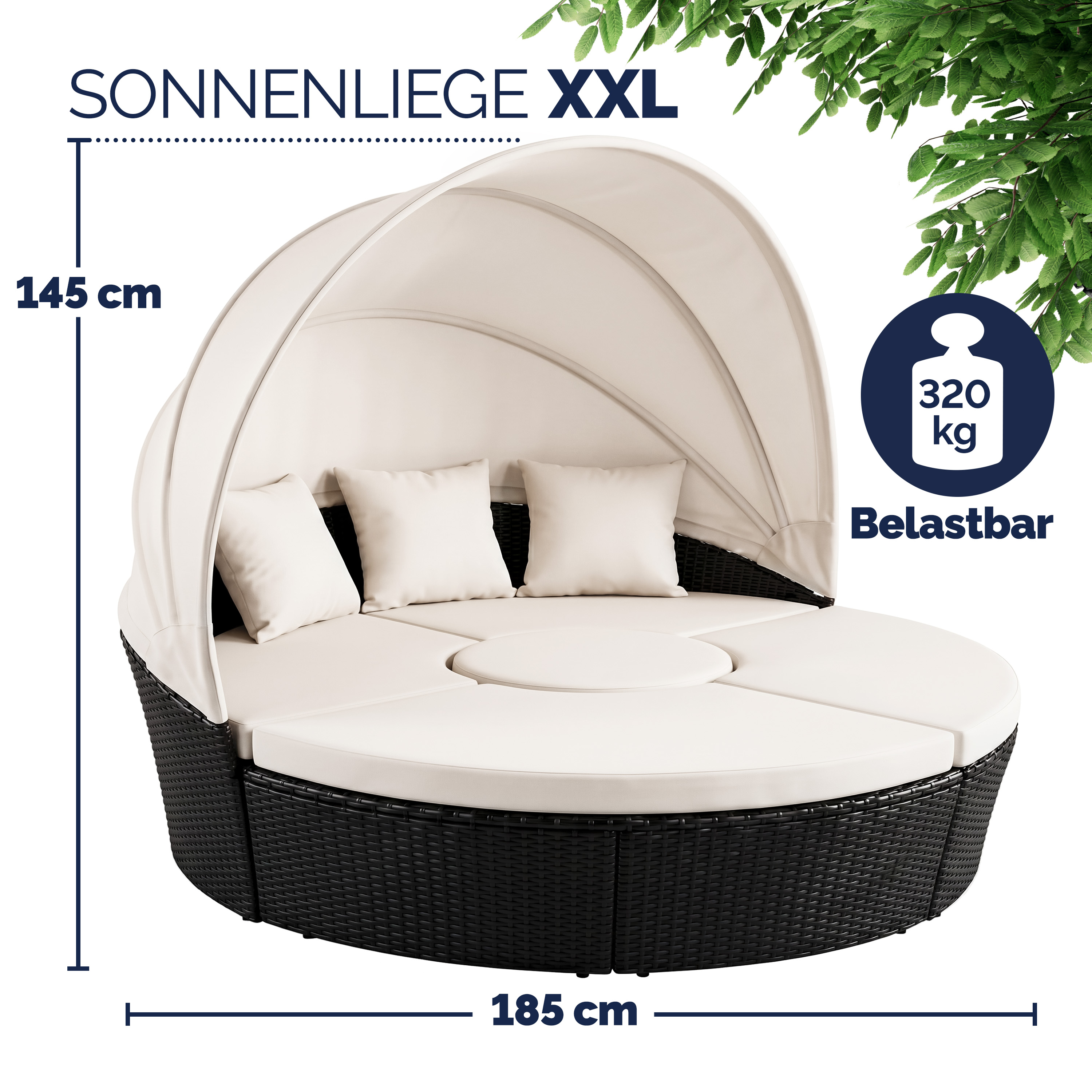 Polyrattan Sonneninsel Schwarz/Creme Ø185cm – Bild 2
