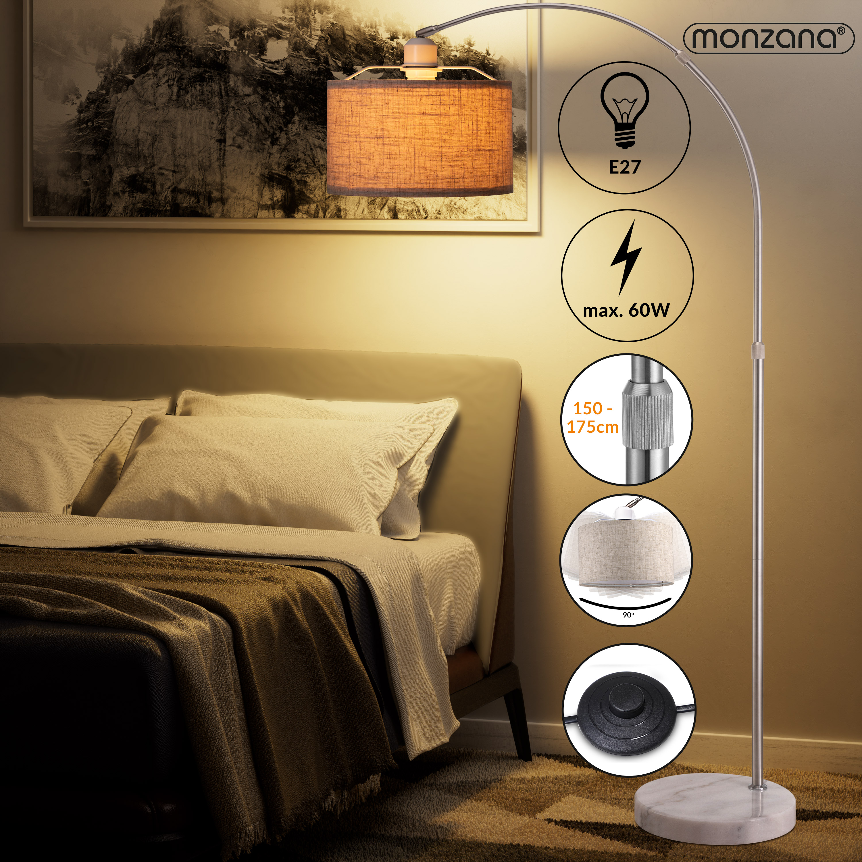 Design Bogenlampe Grau Leinen 150-175cm verstellbar – Bild 2