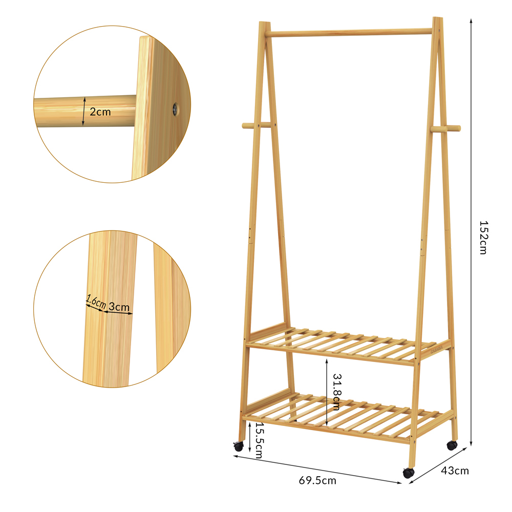 Kleiderständer Bambus mit Rollen 155x70x45cm – Bild 2