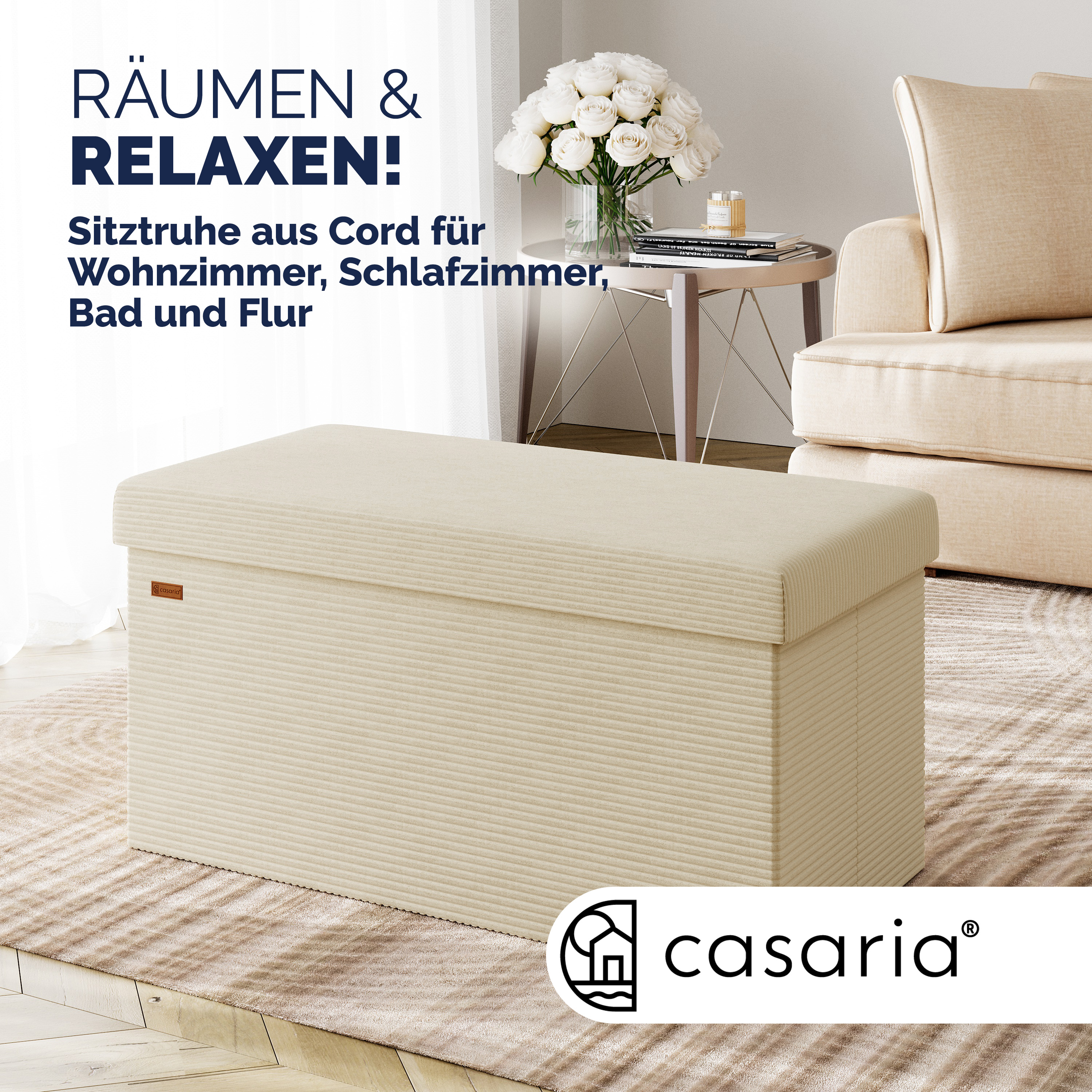 Sitzbank Beige Cord 76x38x38cm MDF faltbar – Bild 2