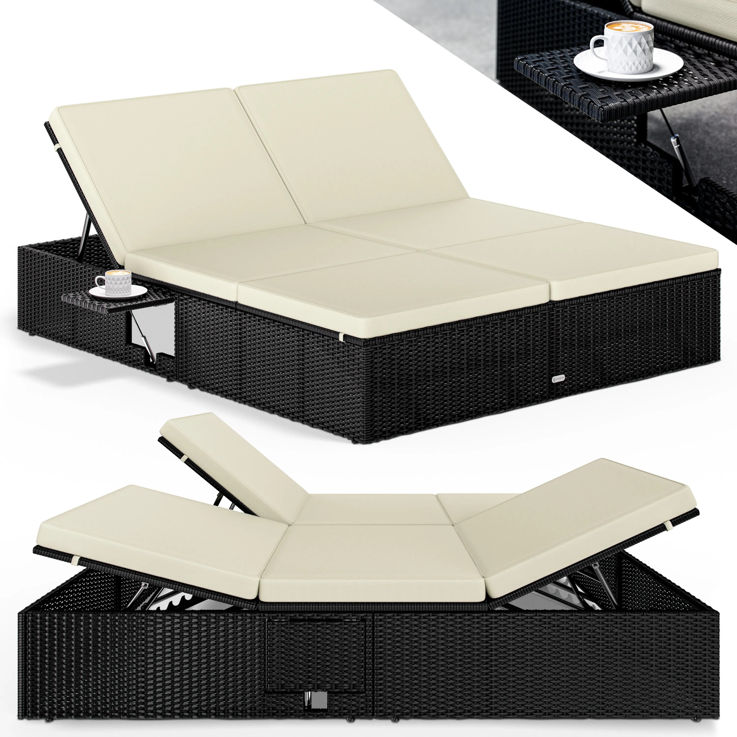 Polyrattan Sonnenliege Schwarz/Creme 200x160x33cm Polyrattan Sonnenliege Schwarz/Creme 200x160x33cm