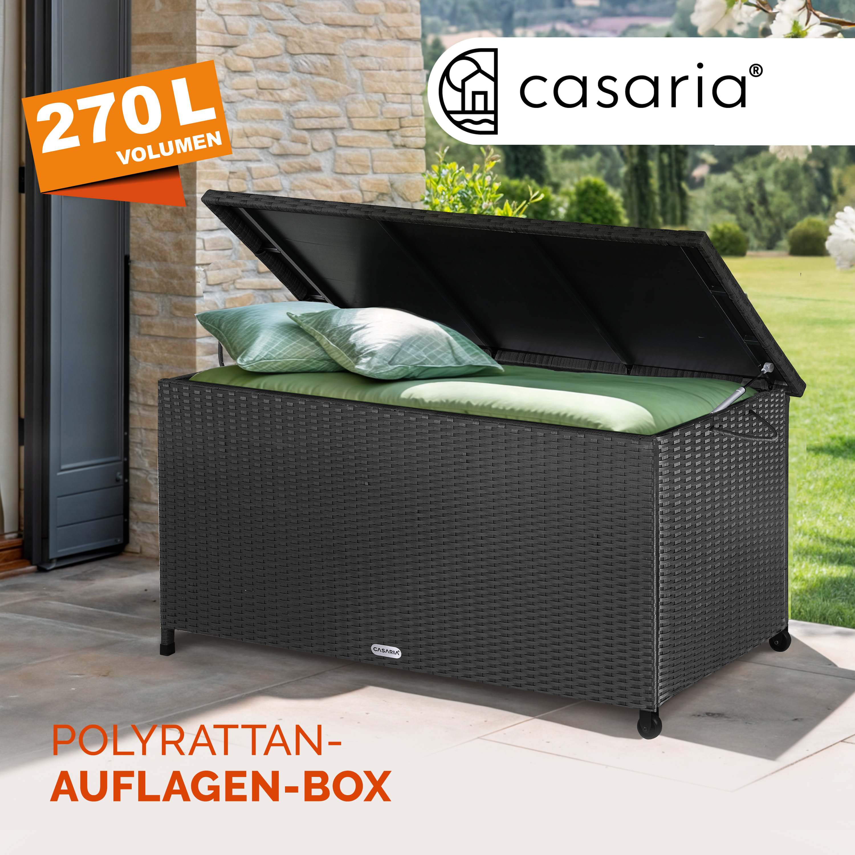 Gartenbox Polyrattan Schwarz 117x53x60cm mit Griffen & Rollen – Bild 2