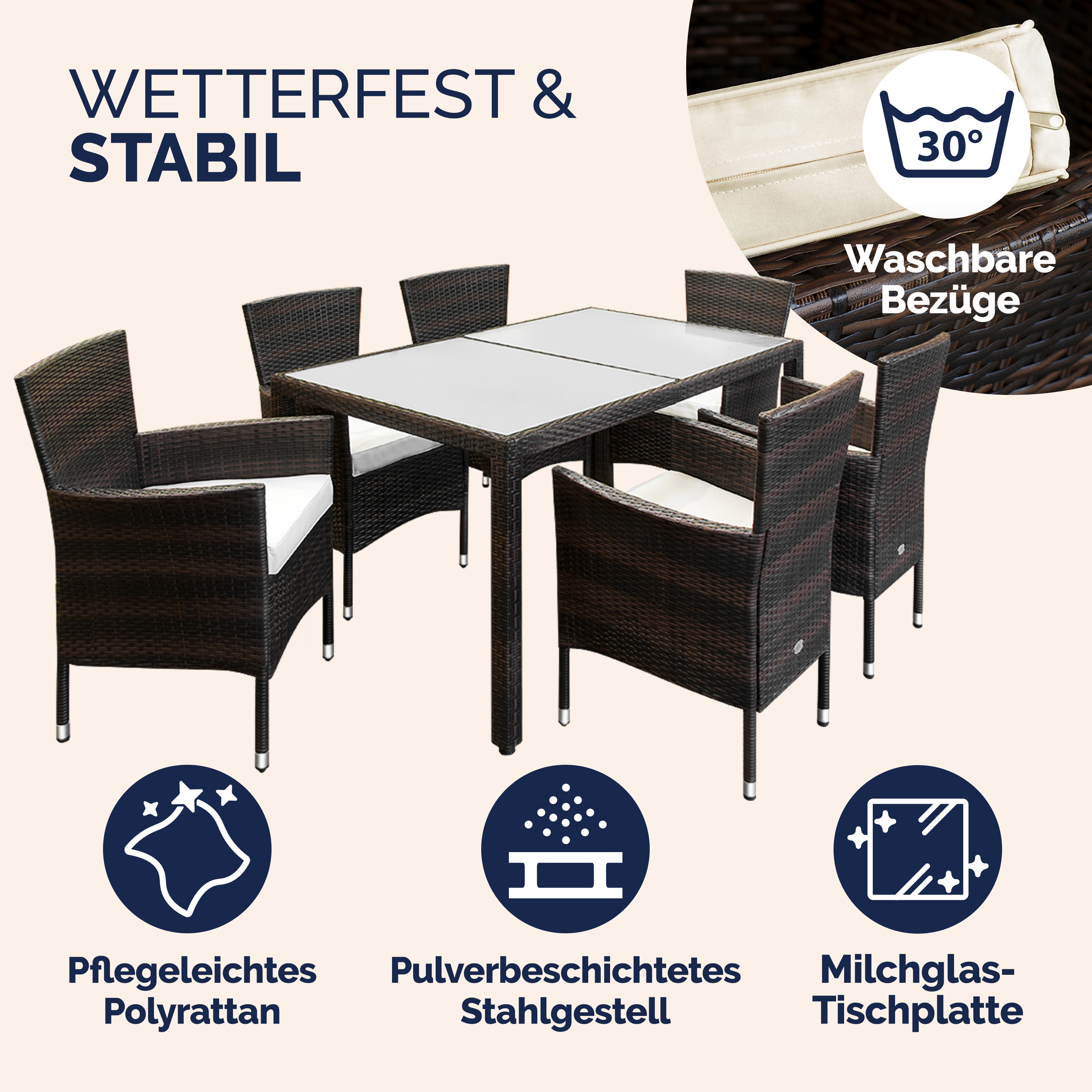 Polyrattan Garten-Sitzgruppe Bali 7-tlg Braun/Creme – Bild 2