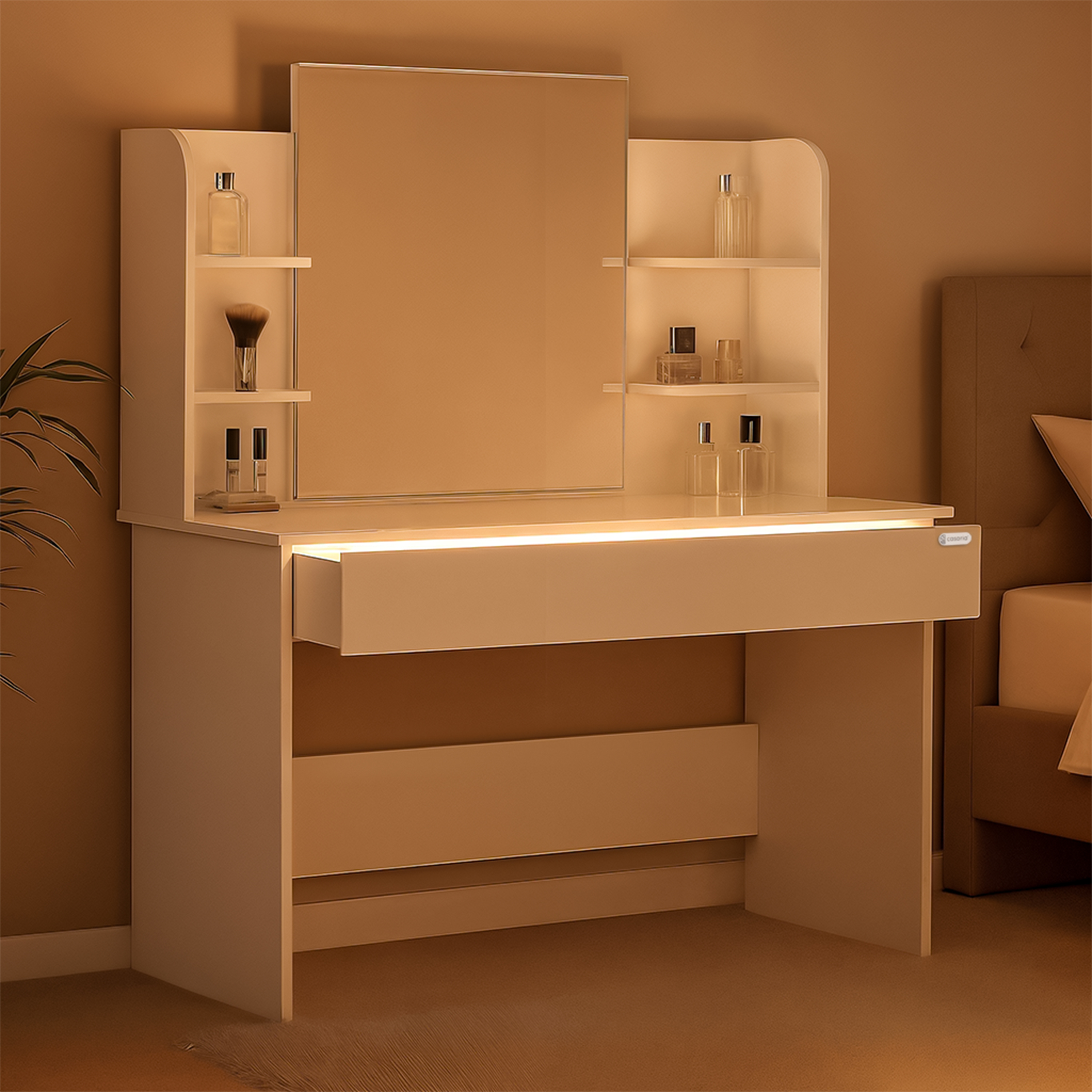 Schminktisch Lucia Weiß 140x110x40cm mit Rollhocker – Bild 2