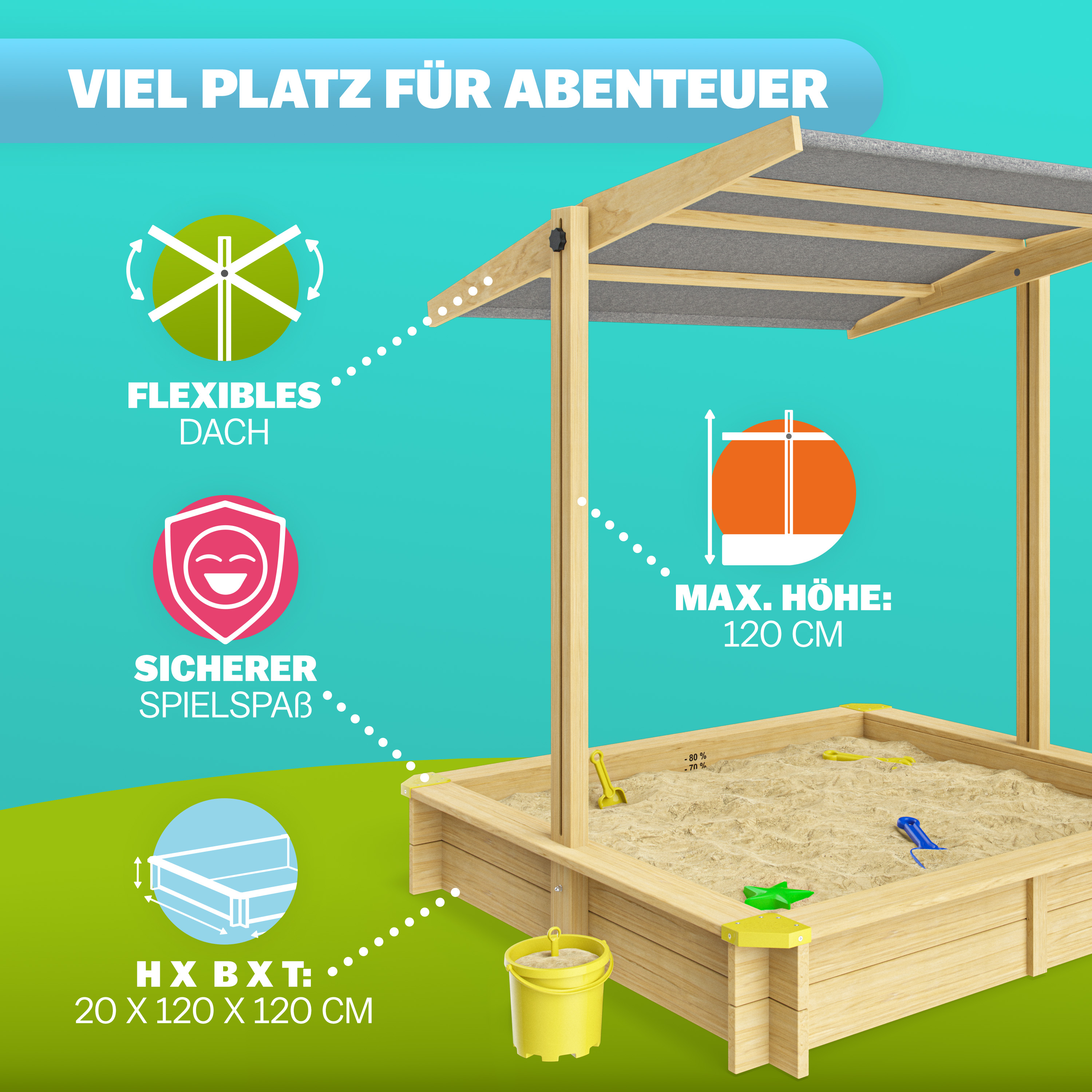 Sandkasten Hellbraun 120x120x120cm neigbares Sonnendach – Bild 2