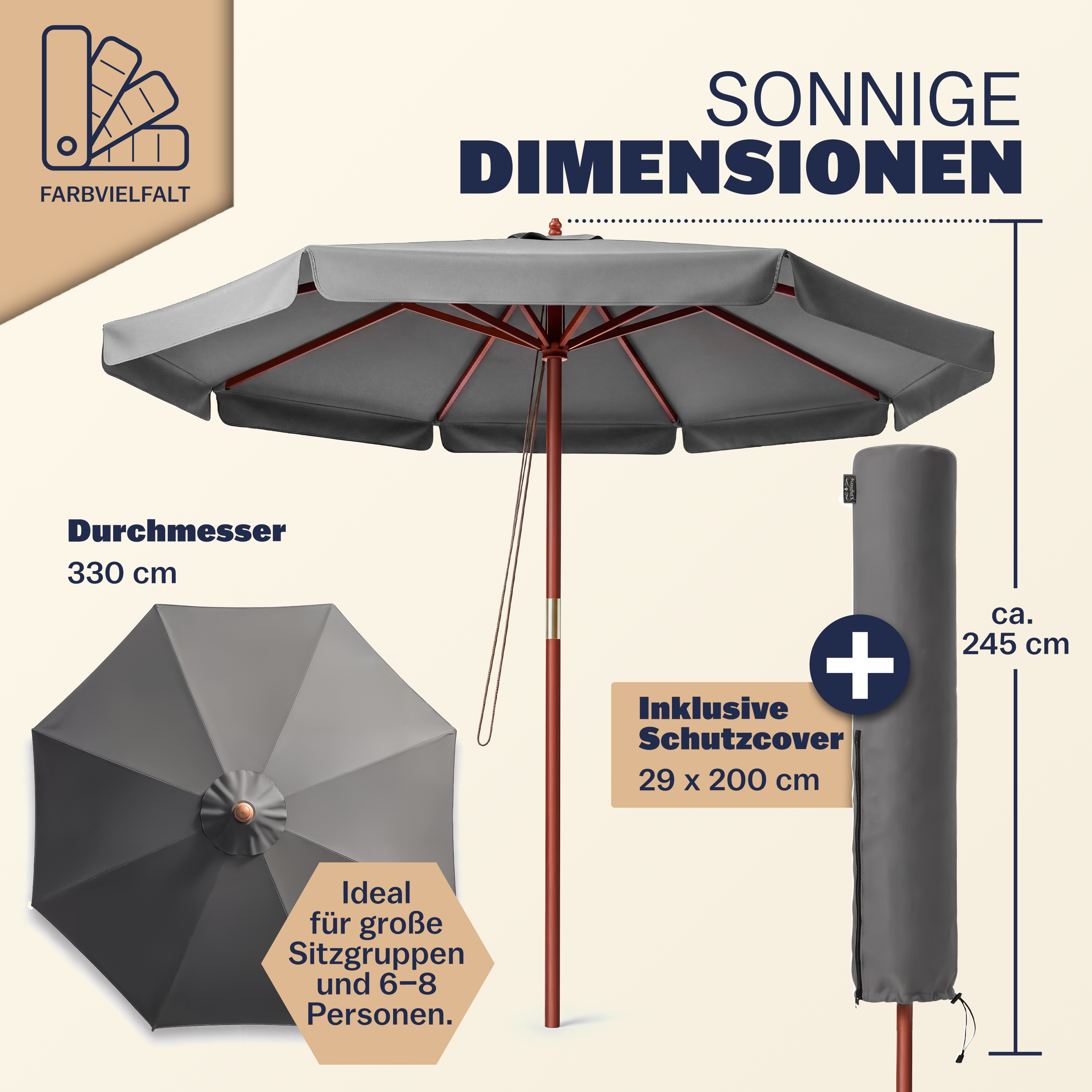 Sonnenschirm Anthrazit Holz Ø330cm UV-Schutz 80+ – Bild 2