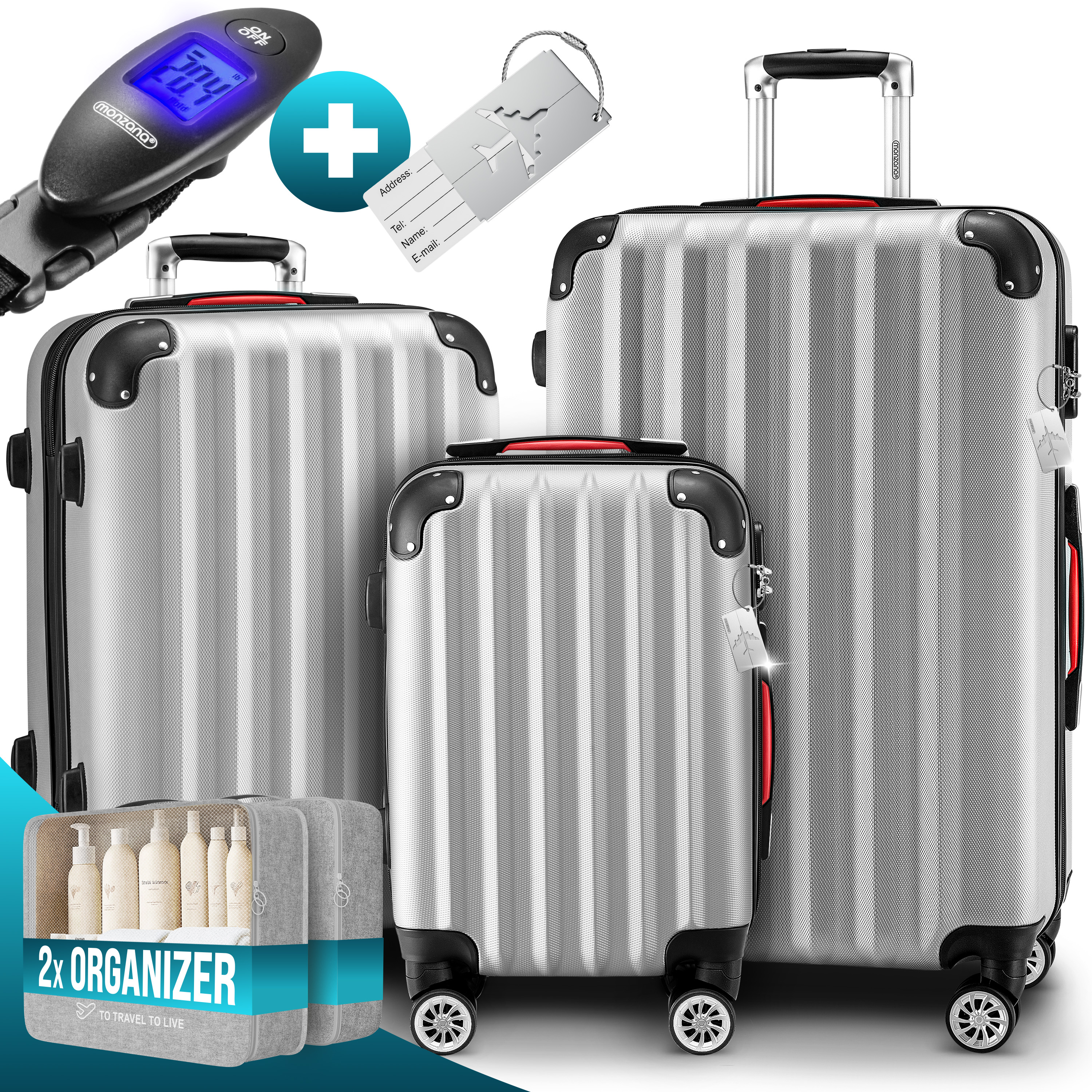 Hartschalenkoffer Set 3-tlg mit Zubehör Rollen 360º Silber ABS Hartschalenkoffer Set 3-tlg mit Zubehör Rollen 360º Silber ABS