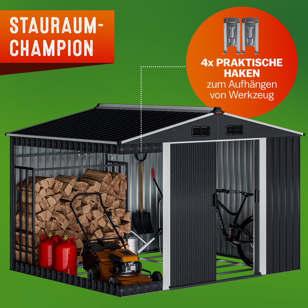 Geräteschuppen Anthrazit-Metallic 260x205x180 verzinkt wetterfest mit Fundament und Haken – Bild 2