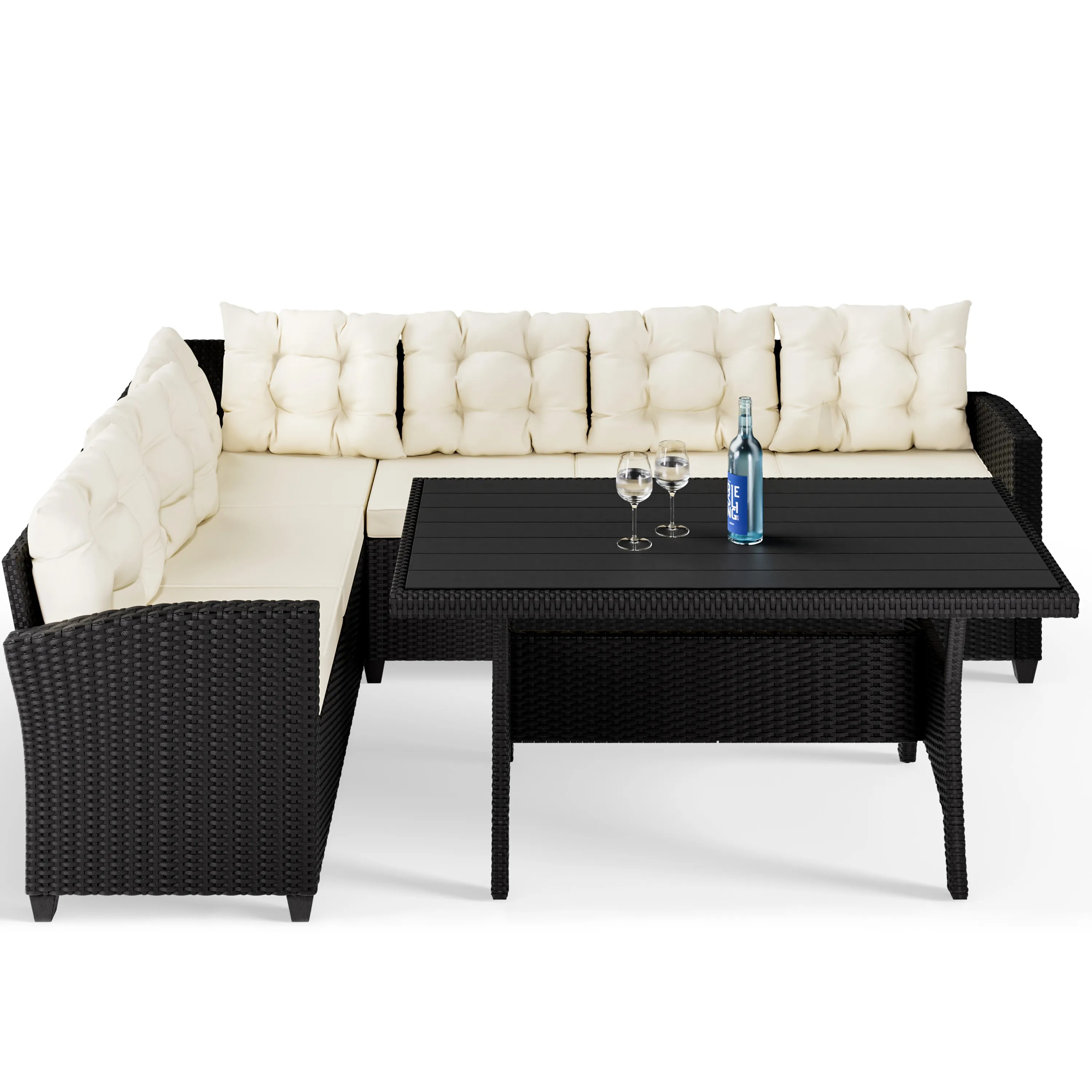 Polyrattan Lounge-Set Schwarz/Creme WPC Tischplatte Polyrattan Lounge-Set Schwarz/Creme WPC Tischplatte