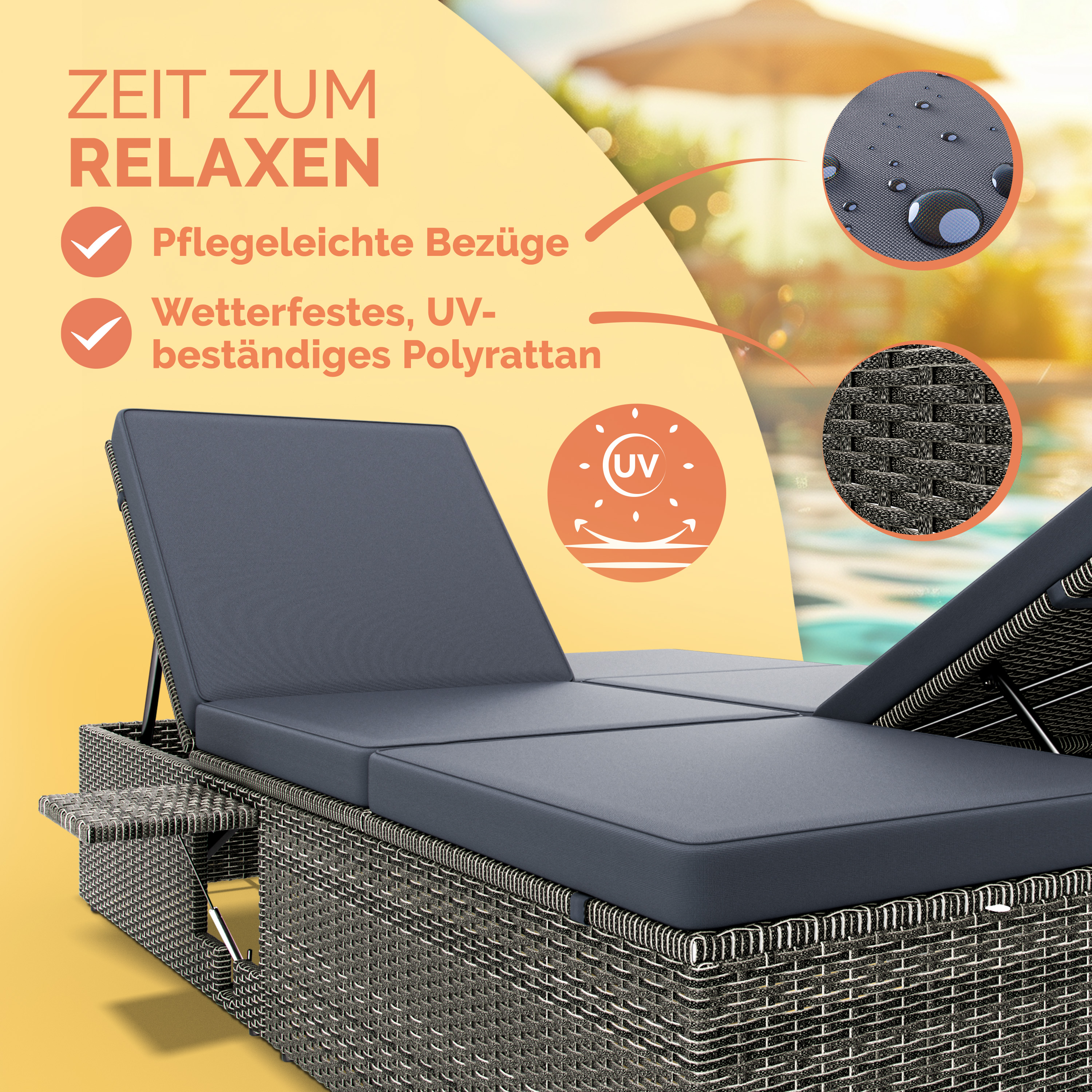 Polyrattan Gartenliege Grau/Anthrazit 200x115x33cm – Bild 2