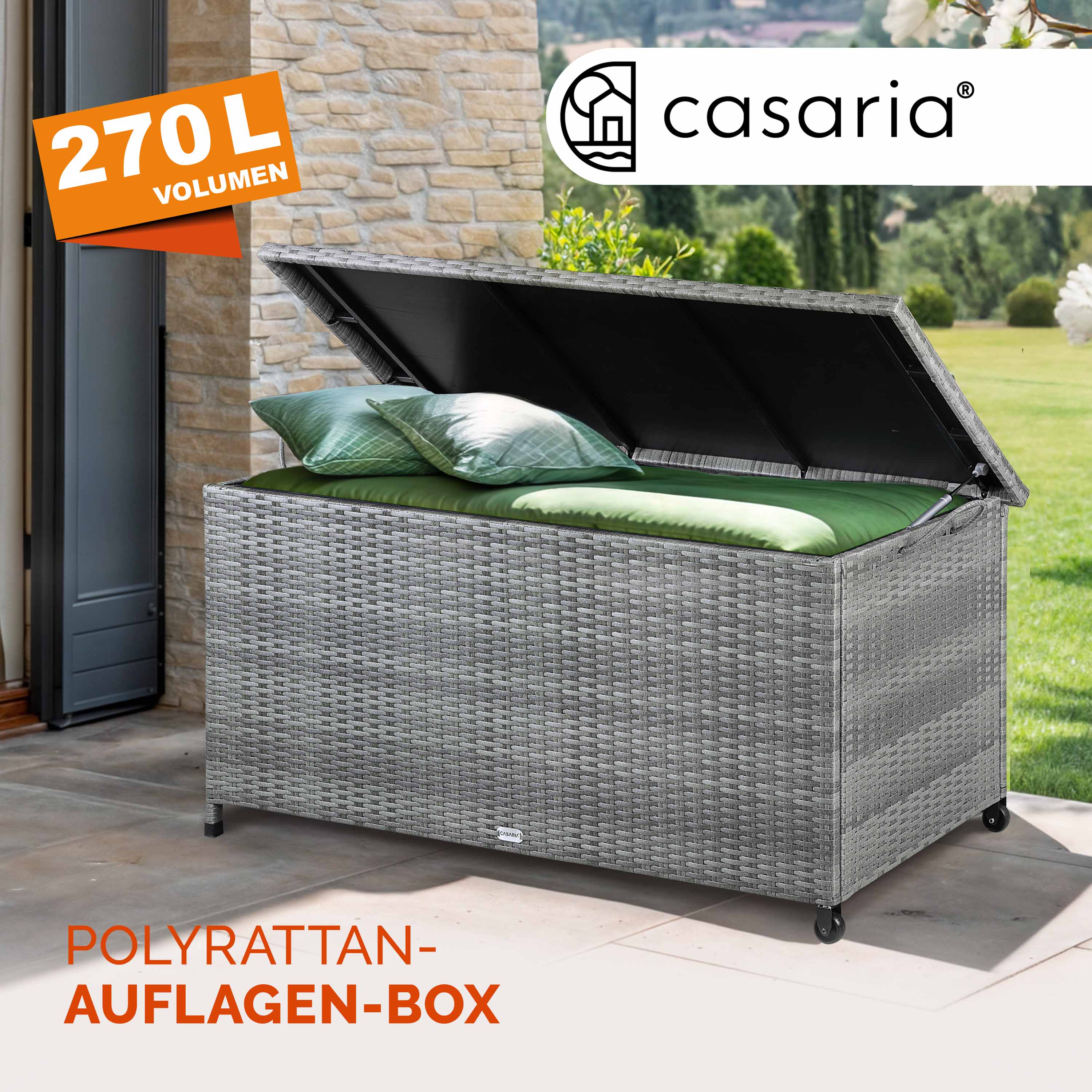 Gartenbox Polyrattan Grau 117x53x60cm mit Griffen & Rollen – Bild 2