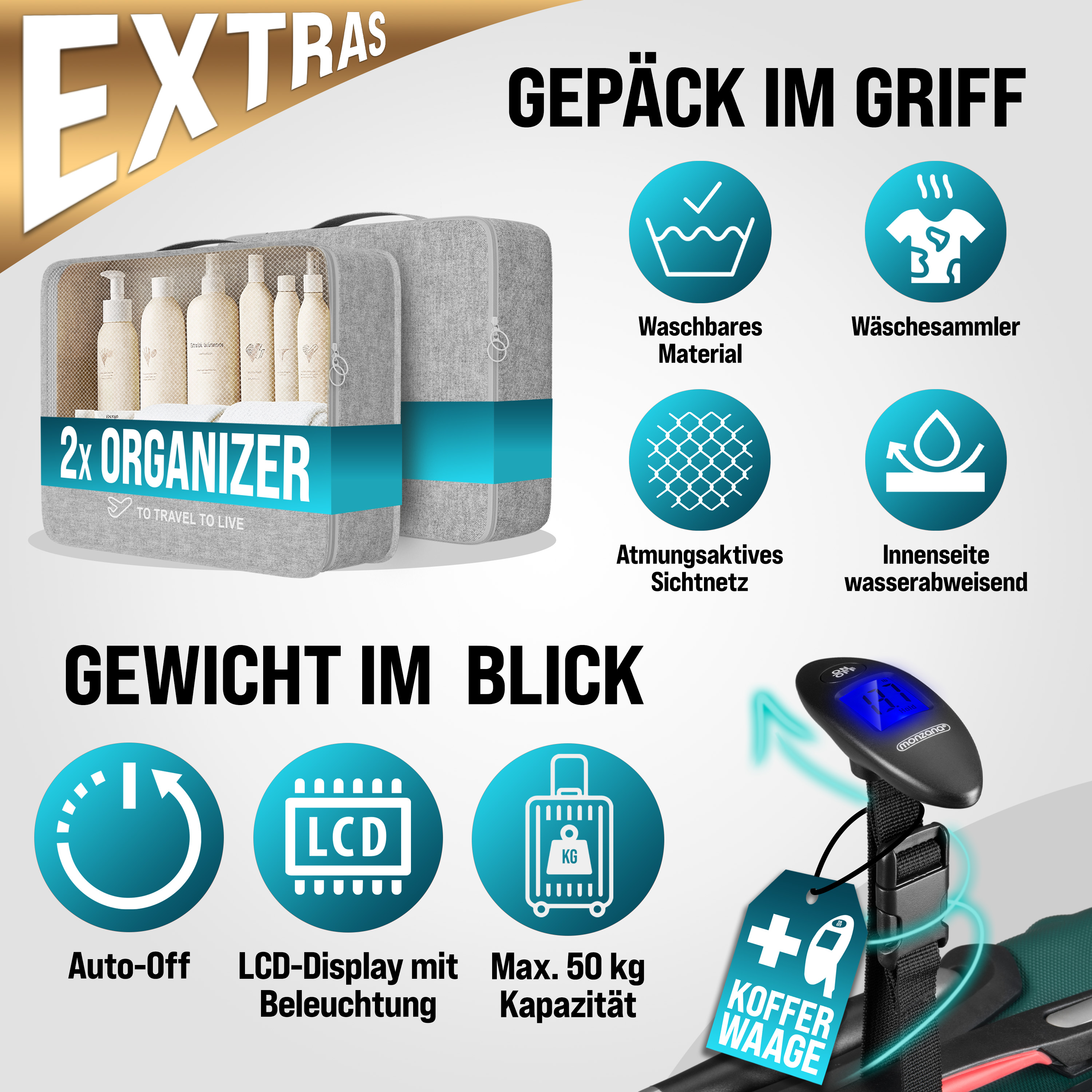 Hartschalenkoffer Set 4-tlg mit Zubehör Rollen 360º Grün ABS – Bild 2