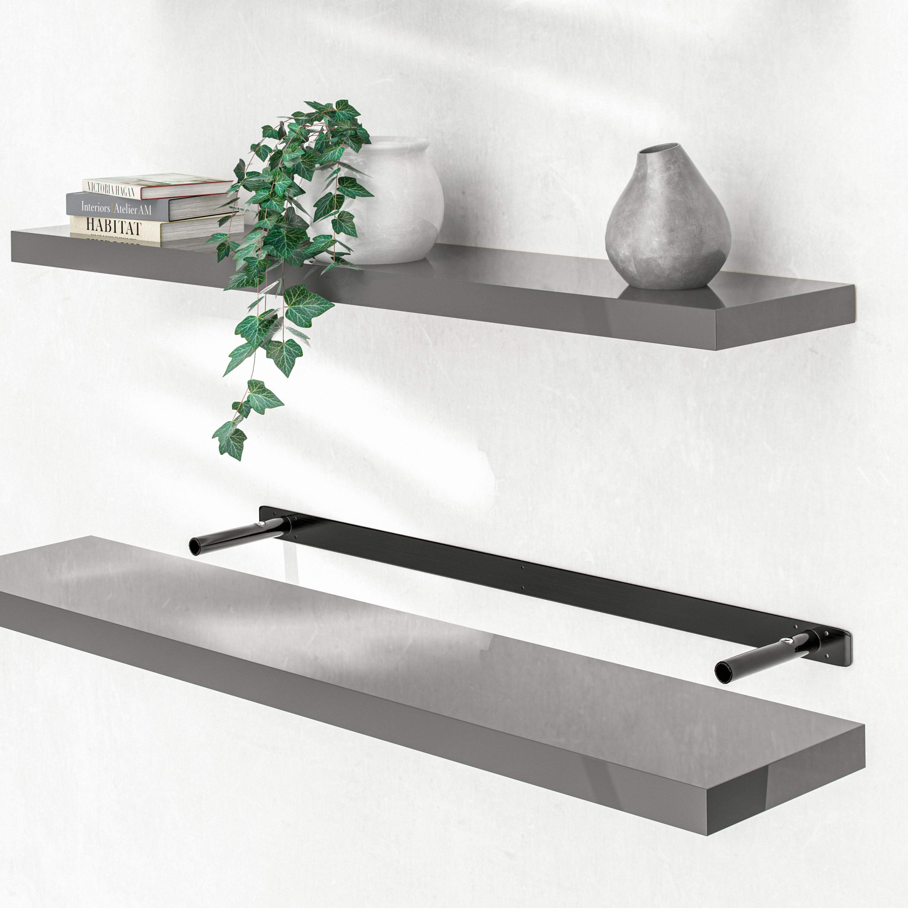 Wandregal Schweberegal 110cm Hochglanz Grau + Halterung – Bild 2