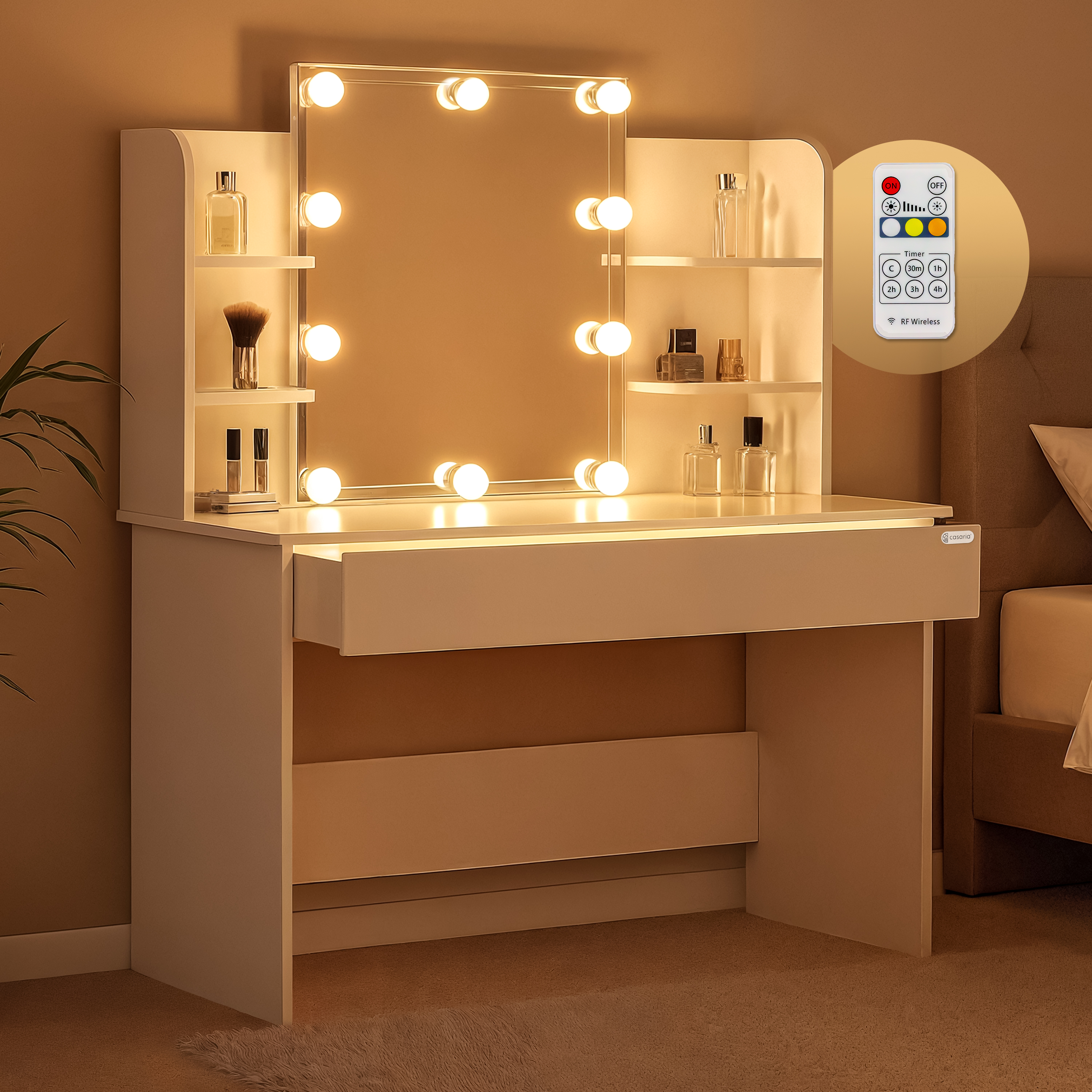 Schminktisch Lucia Weiß 140x110x40cm mit LED + Rollhocker – Bild 2