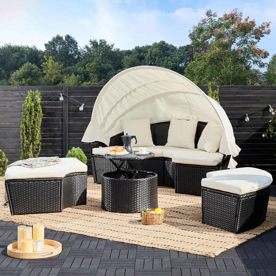 Polyrattan Sonneninsel Schwarz/Creme Ø185cm – Bild 2