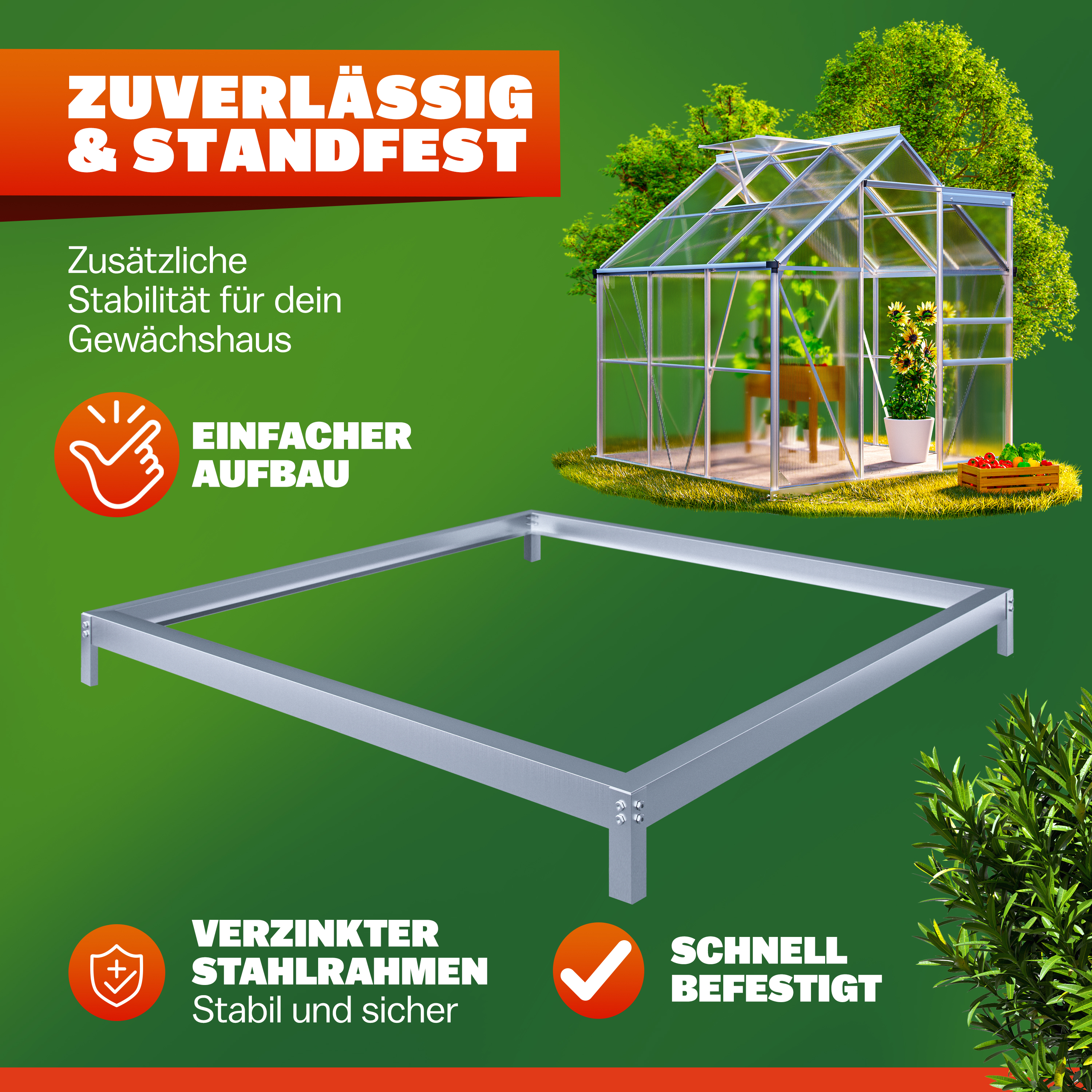 Stahlfundament für Gewächshaus 190x190x12cm verzinkt – Bild 2