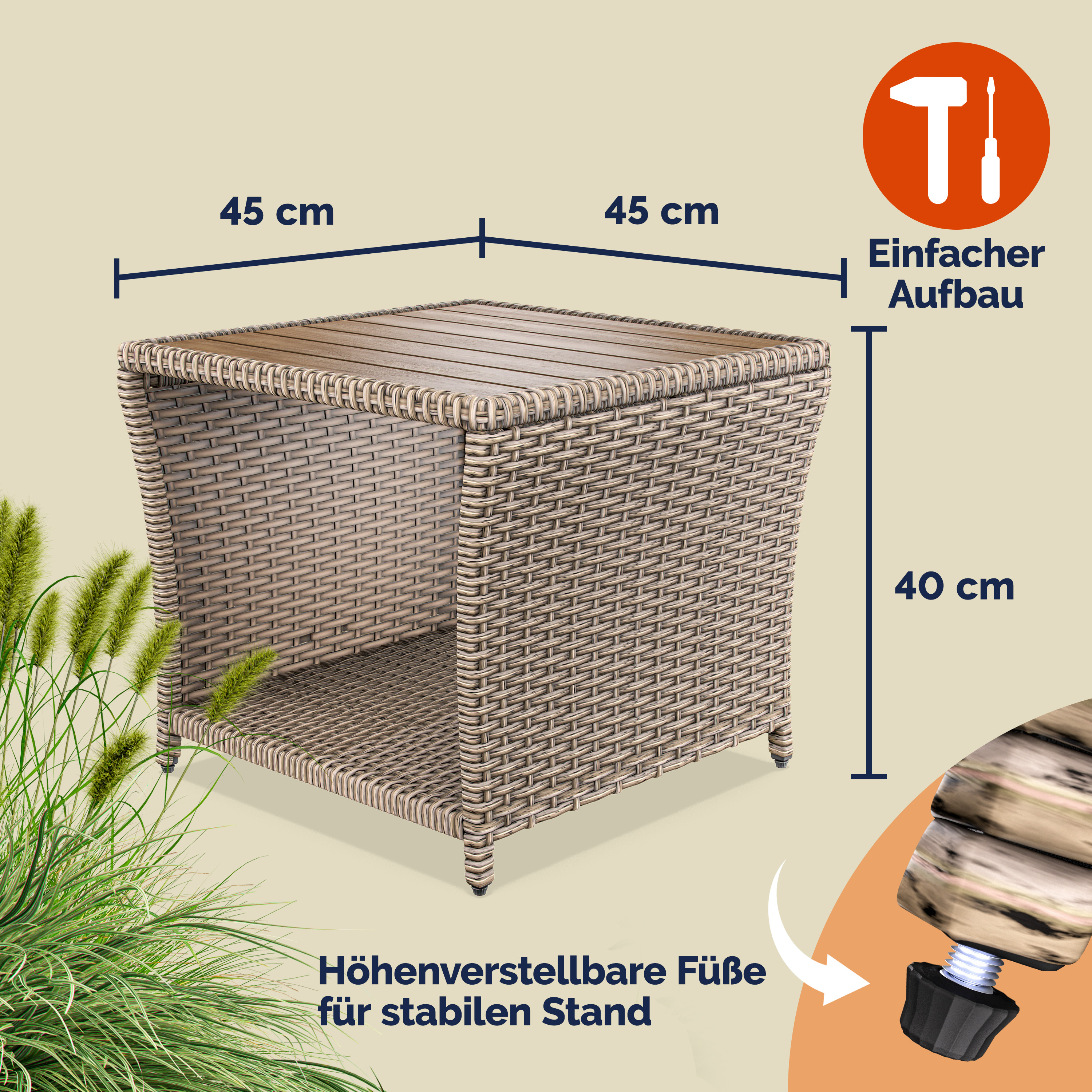 Polyrattan Beistelltisch Creme 40x45x45cm Akazienholz – Bild 2