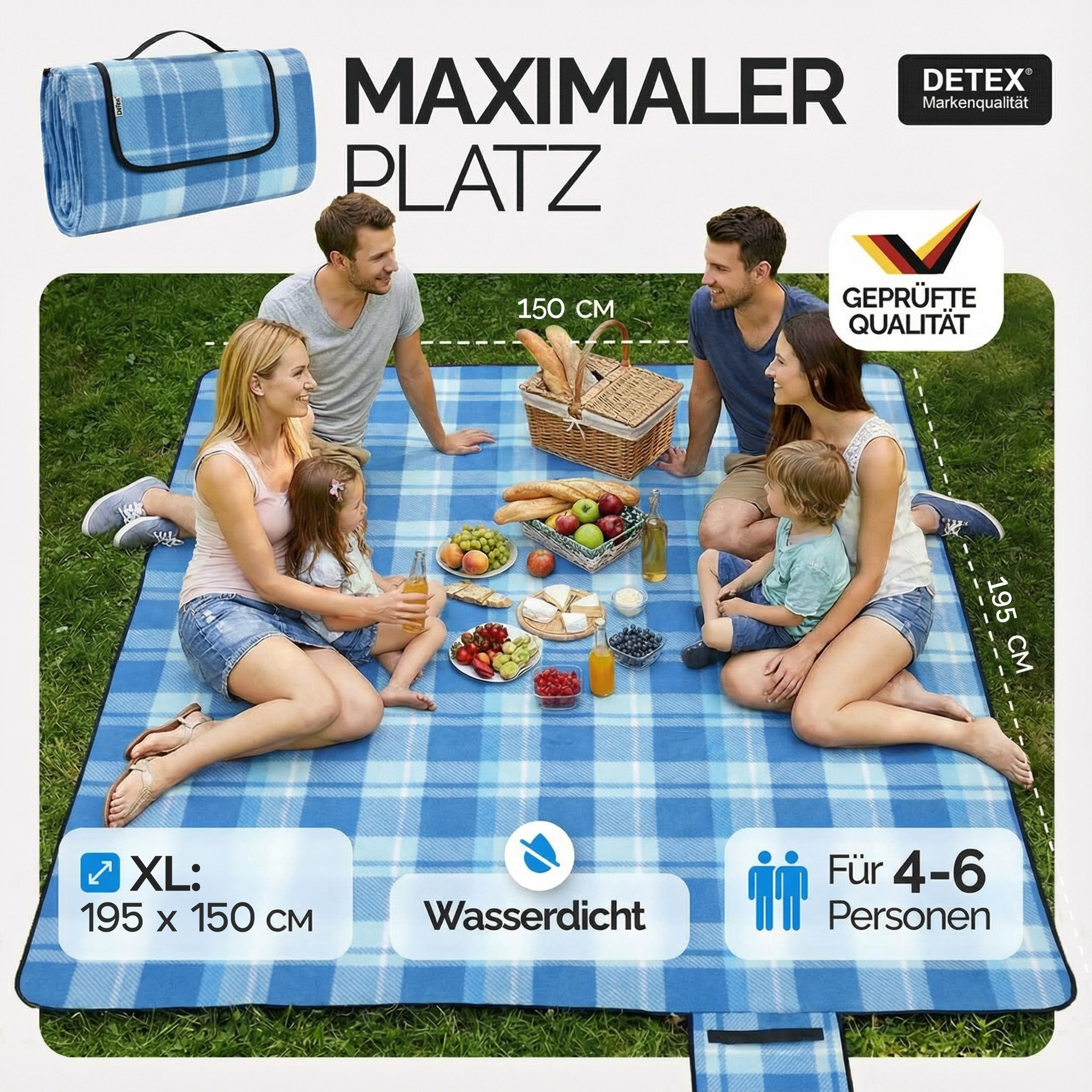 Picknickdecke Blau/Weiß 1,95x1,5m – Bild 2