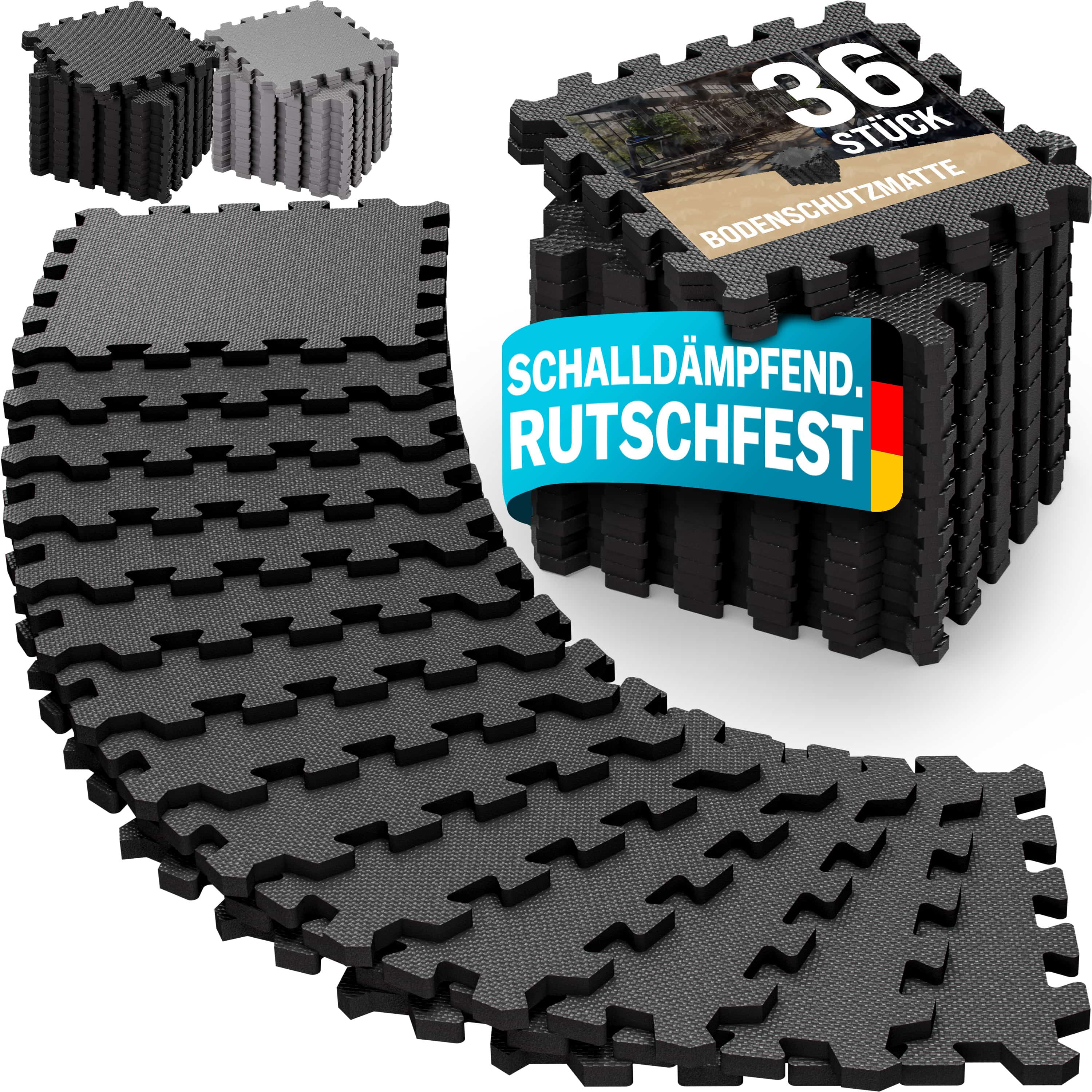 Bodenschutz-/Puzzlematten 36er-Set Schwarz 175x175x1cm Bodenschutz-/Puzzlematten 36er-Set Schwarz 175x175x1cm