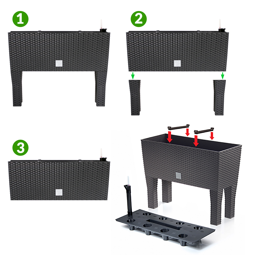Hochbeet 2er-Set Polyrattanoptik Anthrazit 60x25x46cm Bewässerungssystem – Bild 2