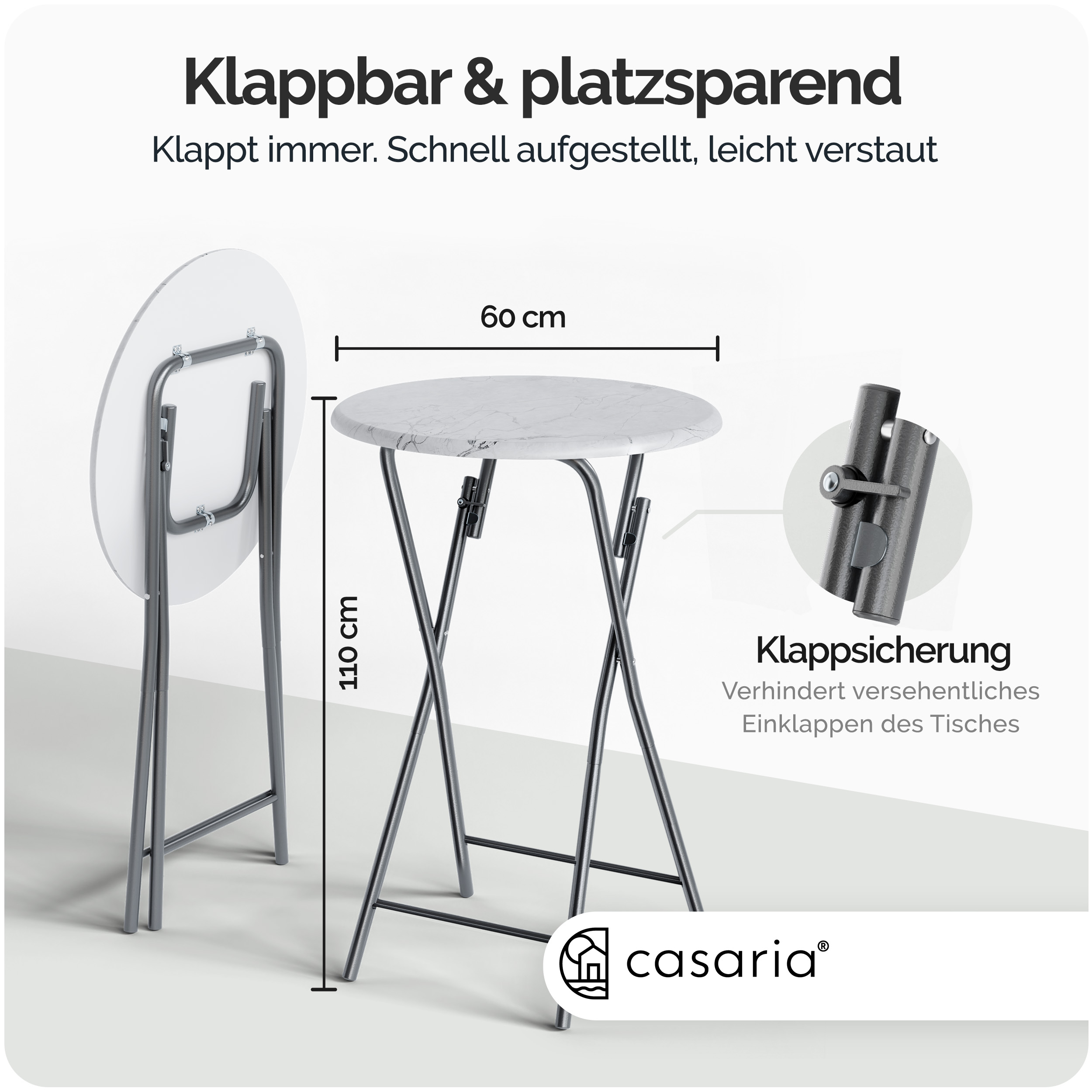 Stehtisch klappbar Ø60cm Marmoroptik Weiß 110cm Höhe – Bild 2