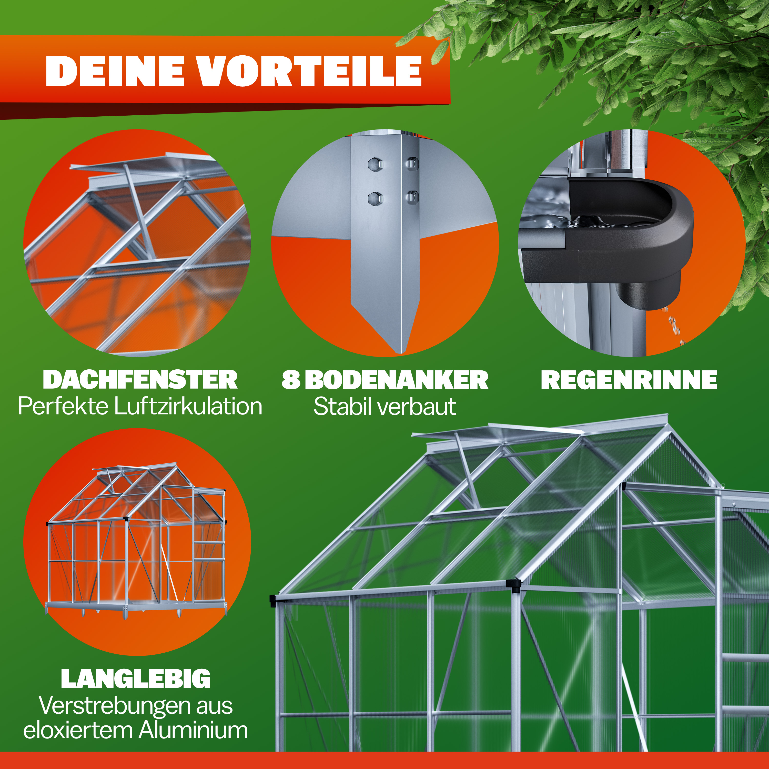 Alu Gewächshaus 190x190x195cm mit Fundament – Bild 2