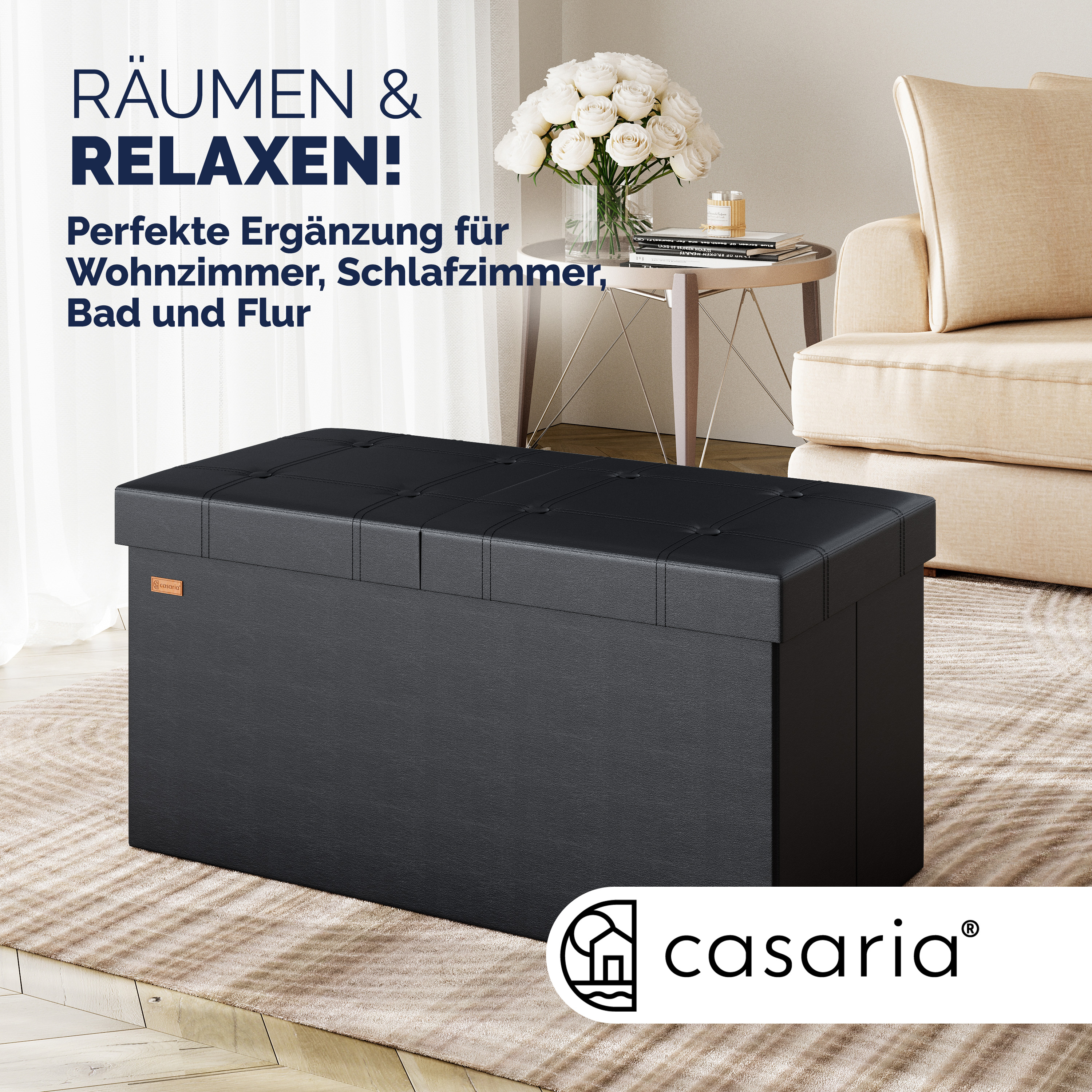 Sitzbank Schwarz 80x40x40cm mit Stauraum faltbar – Bild 2