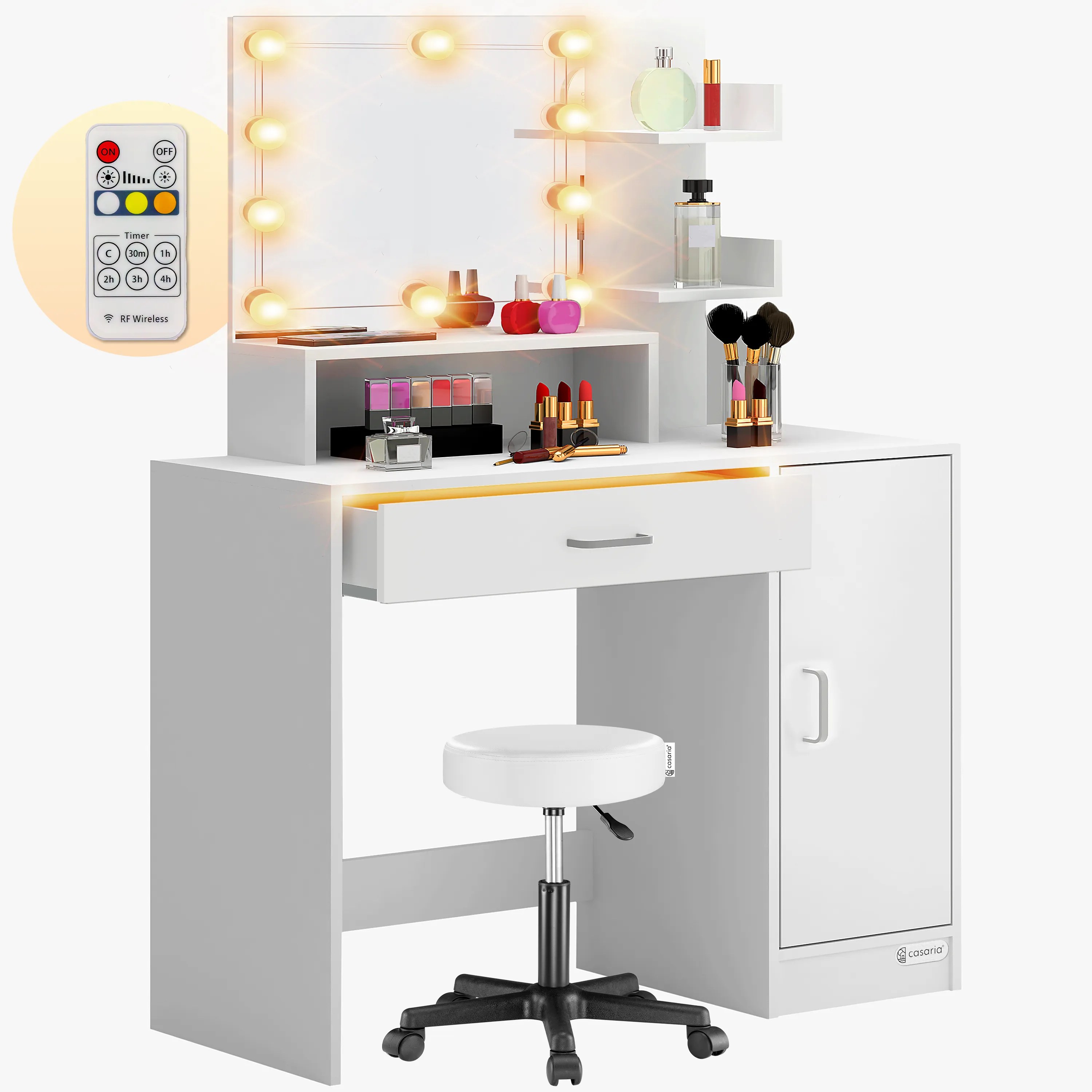 Schminktisch Jocelyn Weiß 140x90x40cm LED + Rollhocker Schminktisch Jocelyn Weiß 140x90x40cm LED + Rollhocker