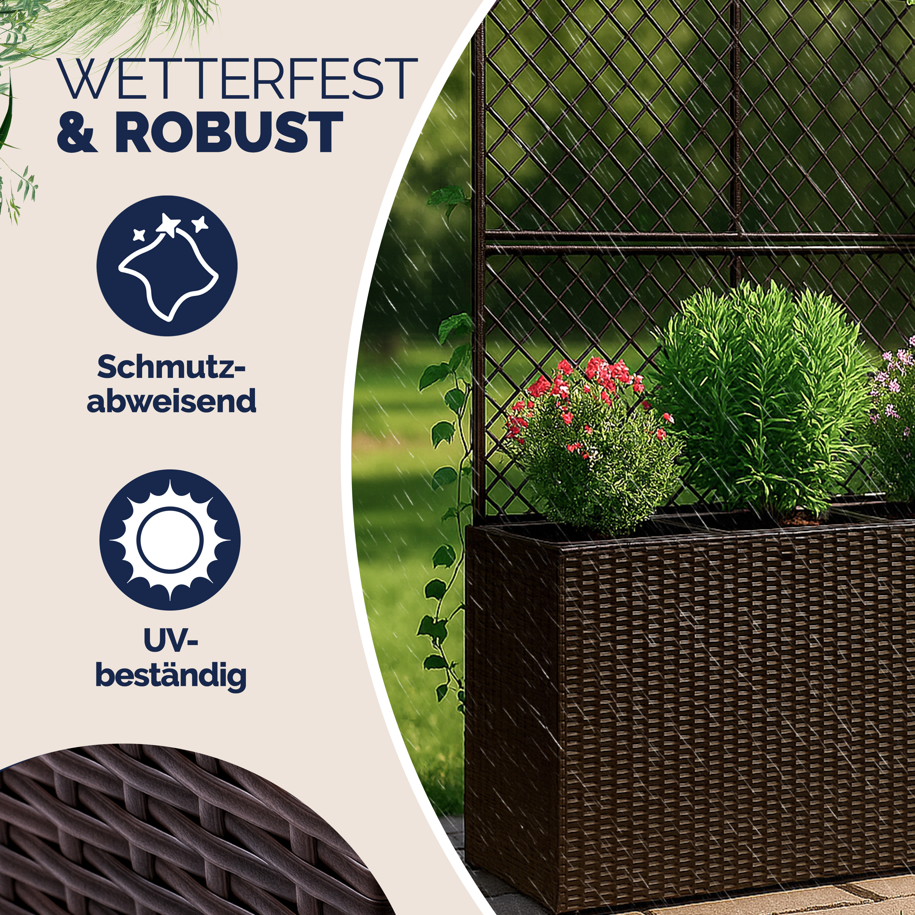 Polyrattan Blumenkasten mit Rankgitter Braun – Bild 2