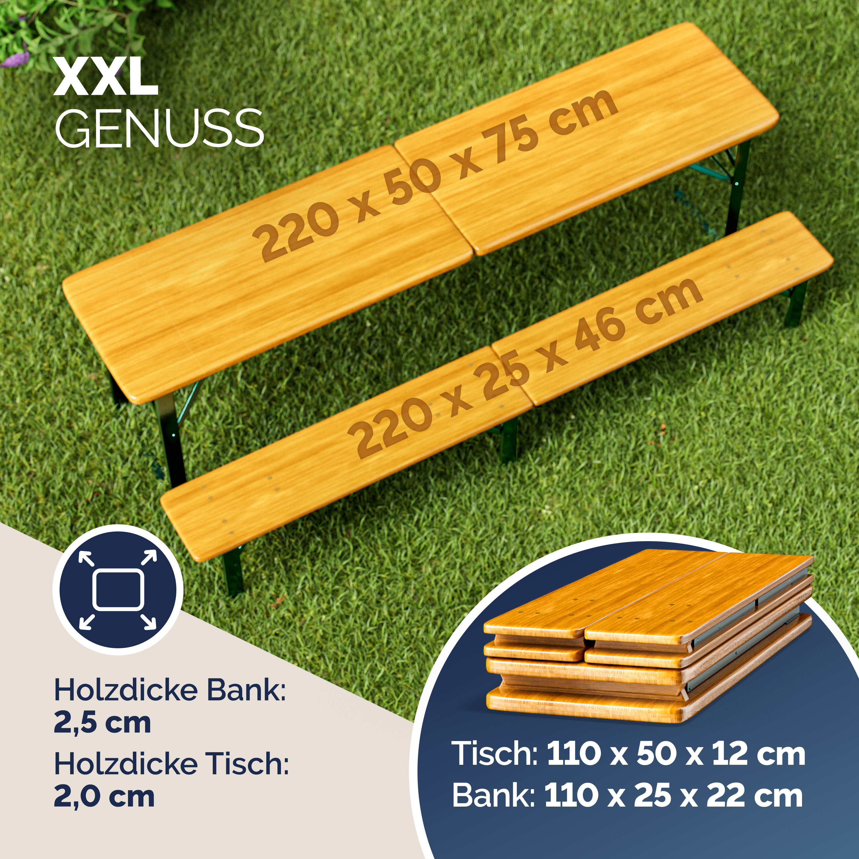 Bierzeltgarnitur 220cm klappbar 10 Personen hohe Belastbarkeit massives Holz – Bild 2