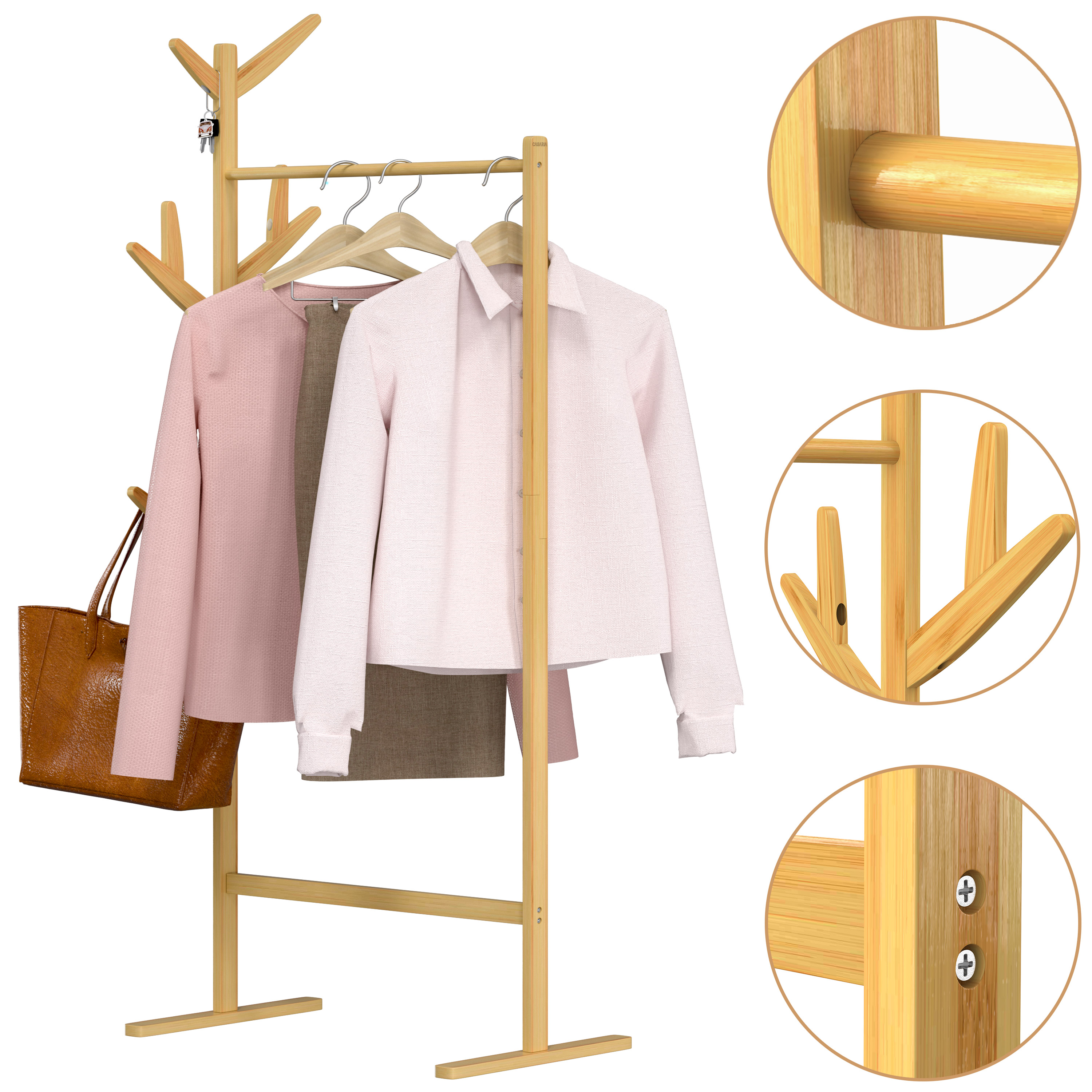Kleiderständer Garderobenständer Bambus mit Keiderstange und 8 Haken – Bild 2