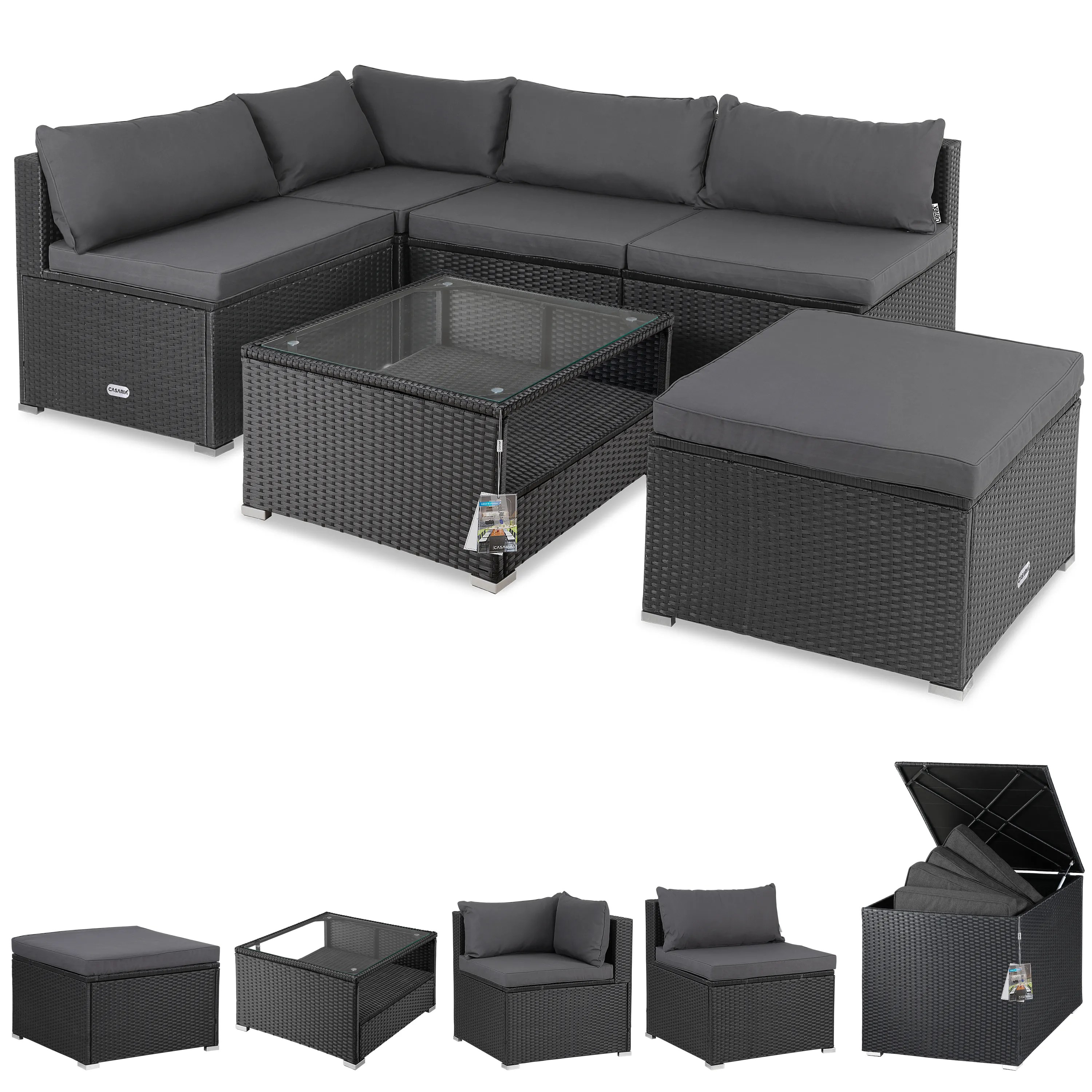 Polyrattan Ecklounge Schwarz/Anthrazit mit Polyrattan Auflagenbox Schwarz Polyrattan Ecklounge Schwarz/Anthrazit mit Polyrattan Auflagenbox Schwarz