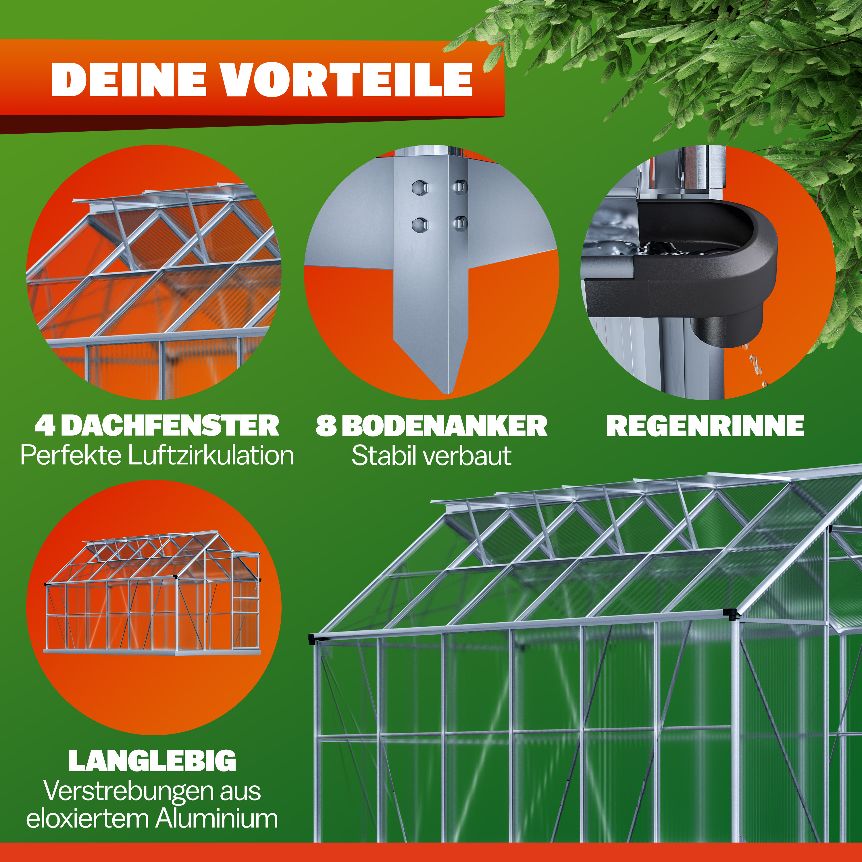 Alu Gewächshaus 380x190x195cm mit Fundament – Bild 2